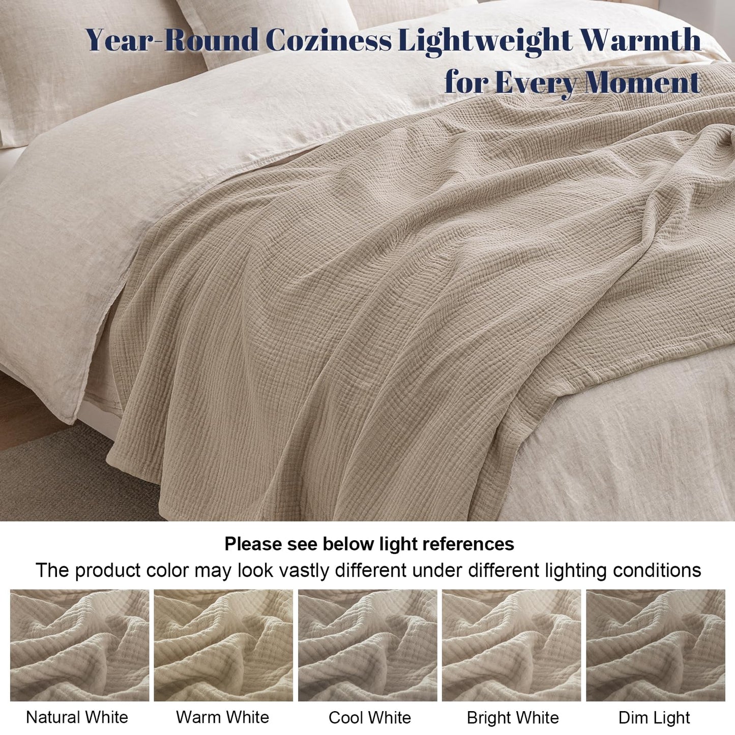 PHF 100% Cotton Muslin Throw Blanket 50" x 60", 4-Layer Lightweight Gauze Throw, Breathable Cloud-Soft Minimalist Blanket for Bed, Couch, Camping, Taupe, Ideal Gift