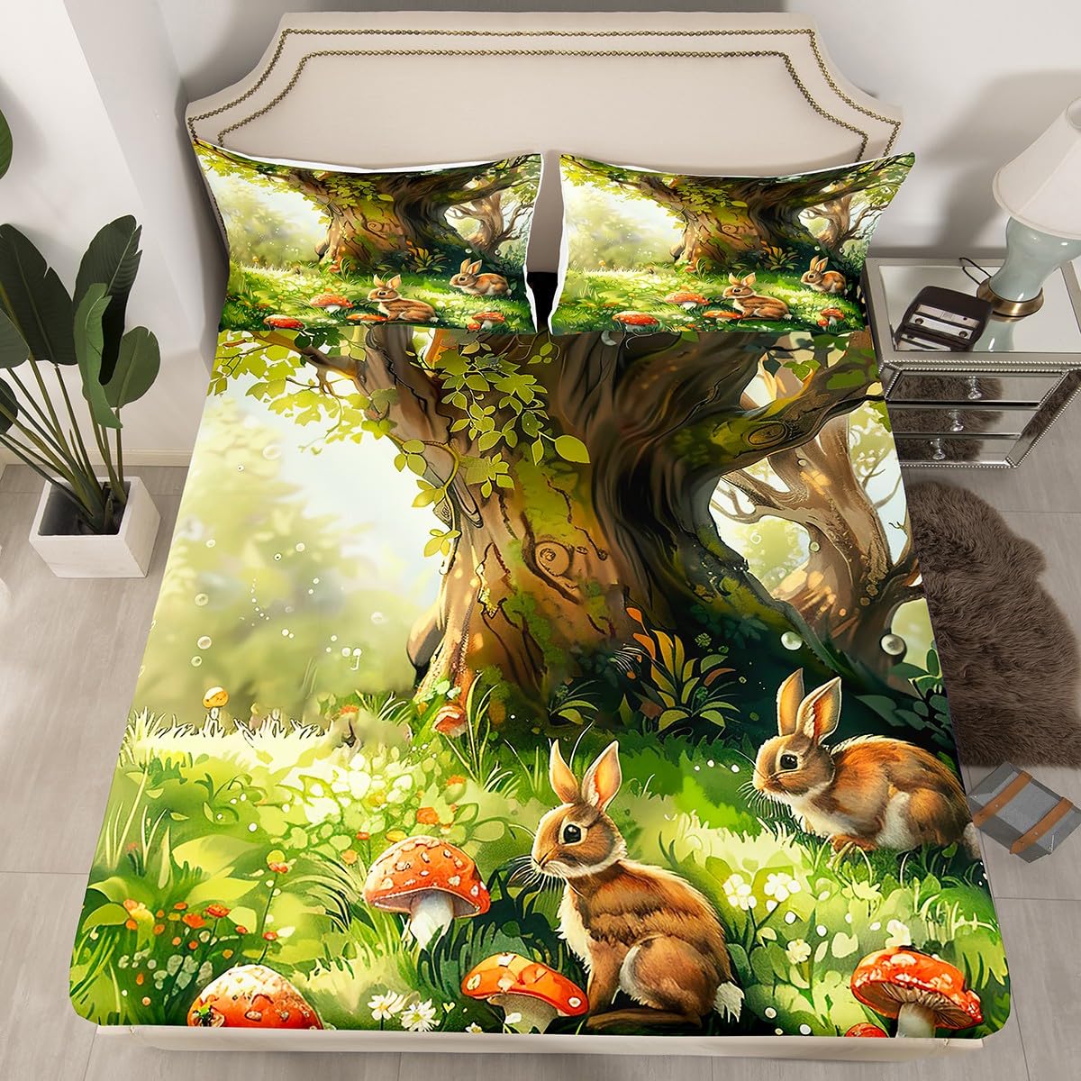 Castle Fairy Rabbit Bed Sheets Full Size,Red Mushroom Fitted Sheet for Kids Girls Boys Teens Room Decor,Wild Animals Plants Bedding Sets 4Pcs,Cartoon Nature Garden Top Flat Sheet,2 Pillowcases