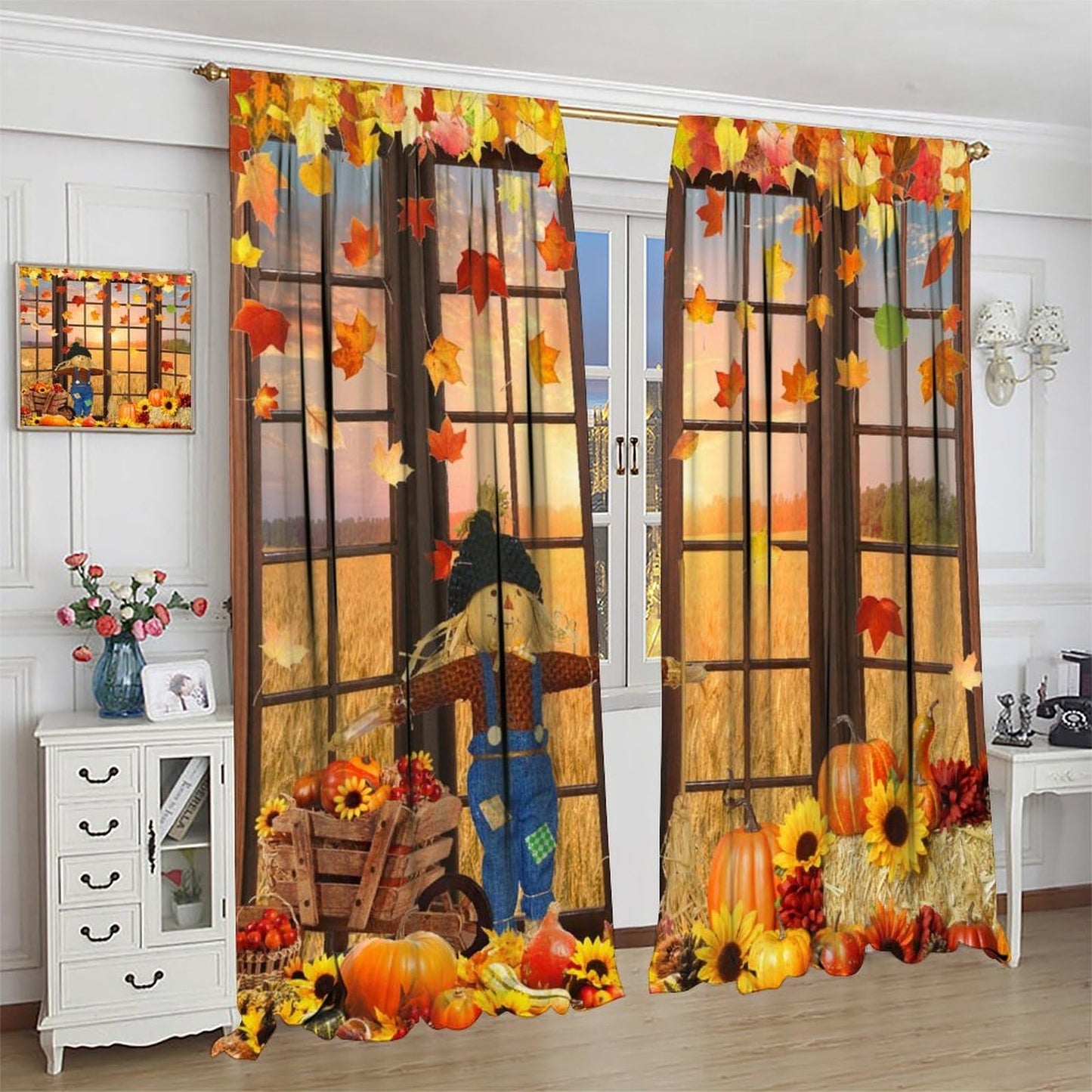 Autumn Decor Curtains for Kitchen,Autumn Sunset Paddy Field Maple Leaf Falling Leaves Harvest Fruit Pumpkin Sunflower Flower Scarecrow Window Drapes for Boys Girls Bedroom Living Room 42x45in