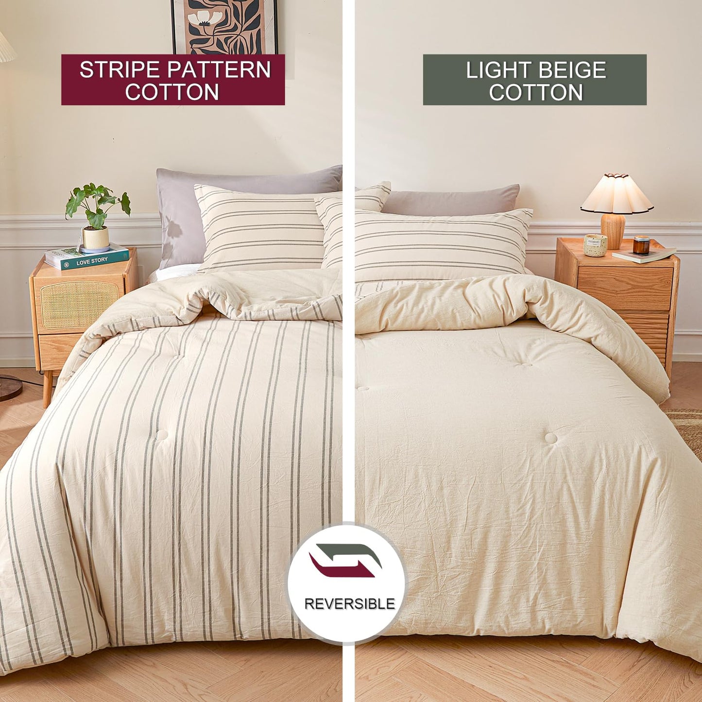 Cyusri Cotton Stripe King Comforter Set - Soft Lightweight Bedding 3 Pieces Dyed Bed Set with 2 Pillow Shams,Reversible All Season Farmhouse Down Alternative(King Size 104"x90" Beige)