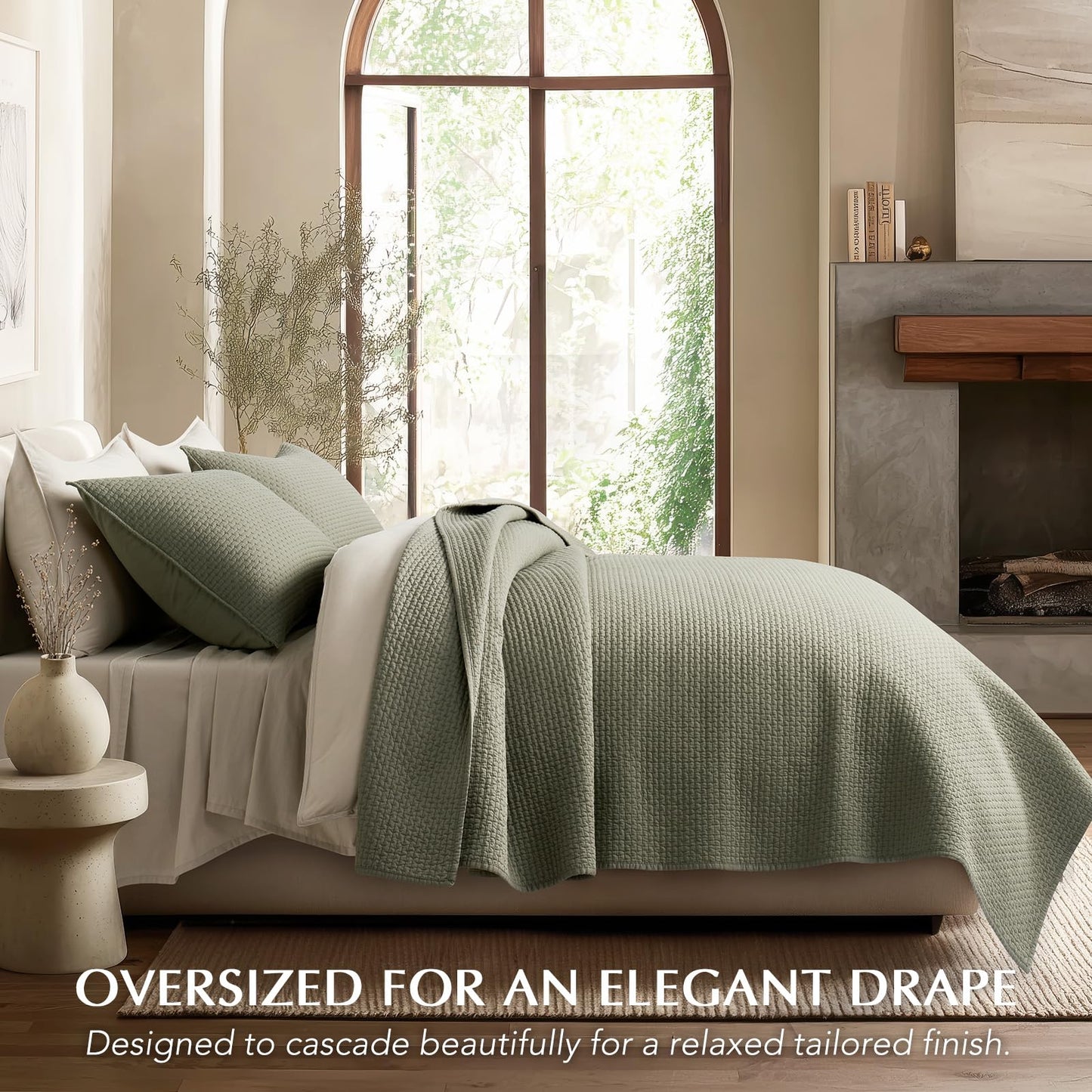 EVERGRACE Cotton Sateen Pick-Stitch Quilt Set King Size – 100% Cotton Coverlet Bedding, Pre-Washed Oversized Bedspread, Breathable All-Season Quilt Set with 2 Shams, Eucalyptus Green
