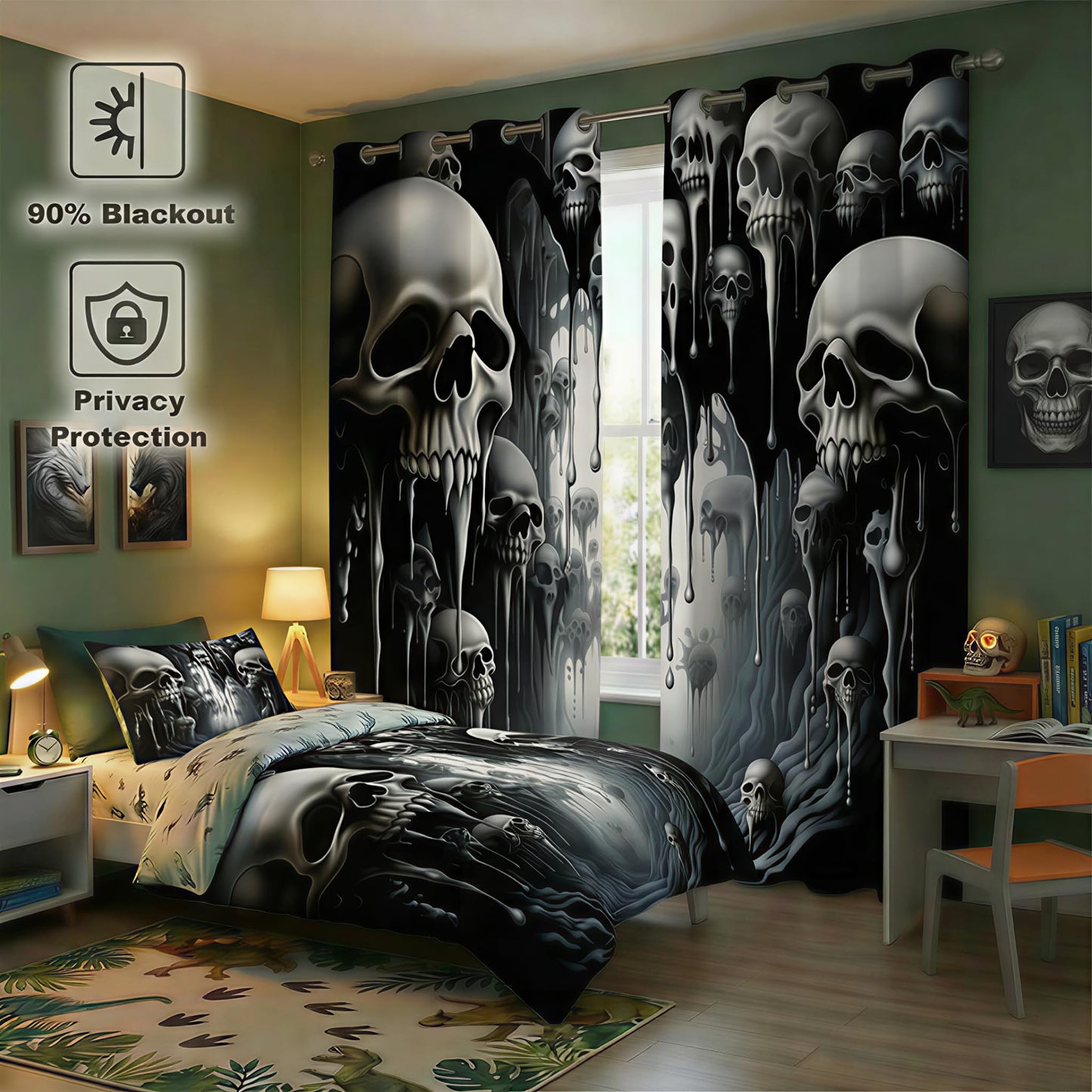 ONINUO Horror Skull Blackout Curtains for Girls Boy Home Decor, Day of The Dead Spooky Halloween Grommet Thermal Insulated Drapes Darkening Window Curtain for Bedroom Living Room, 42 x 45 Inch