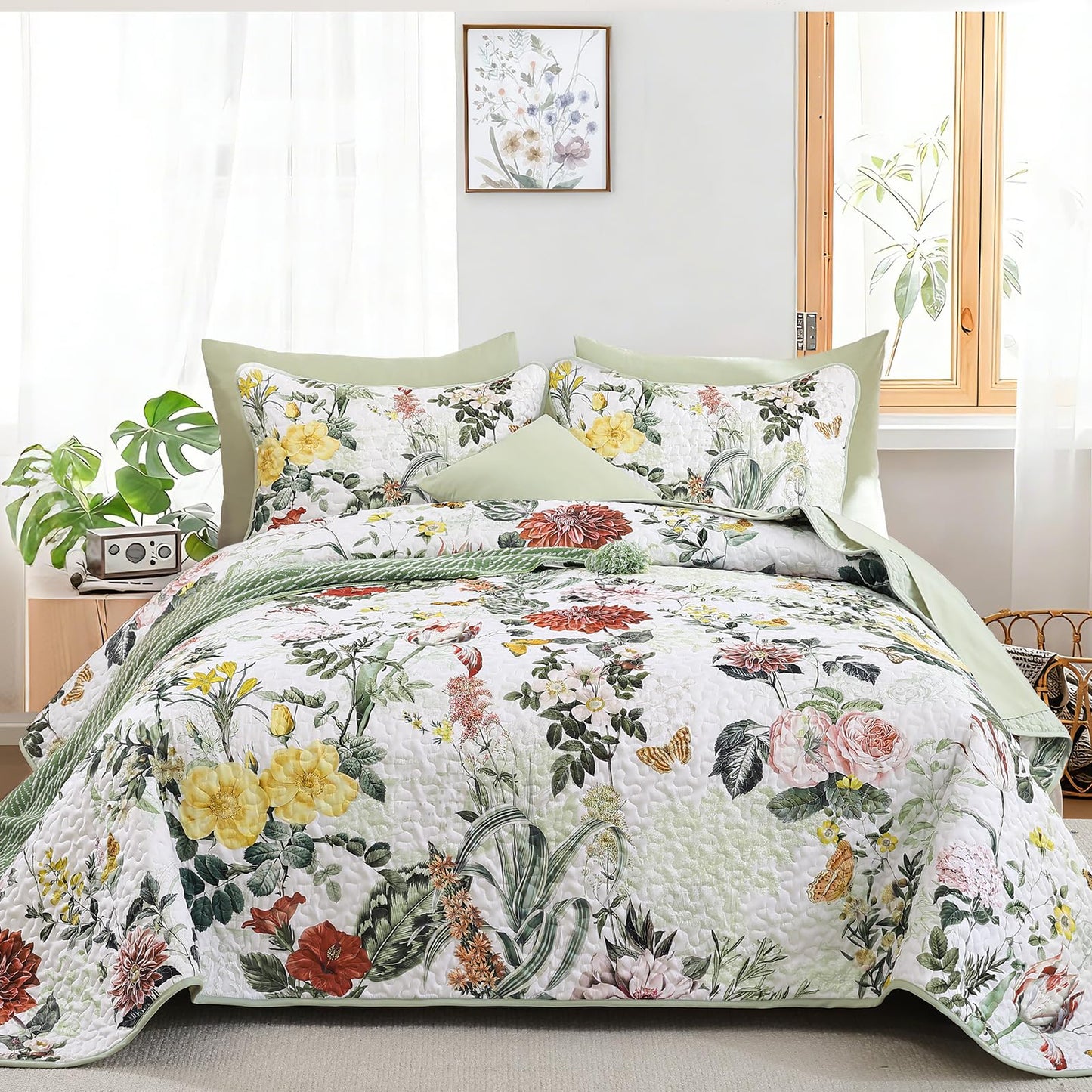 Anibedding Sage Green Queen Quilt Sets,3 Piece Floral Farmhouse Botanical Lightweight Microfiber Bedspread Coverlet with 2 Shams Spring Summer Bedding Quilts Set for All Season(90"x96")