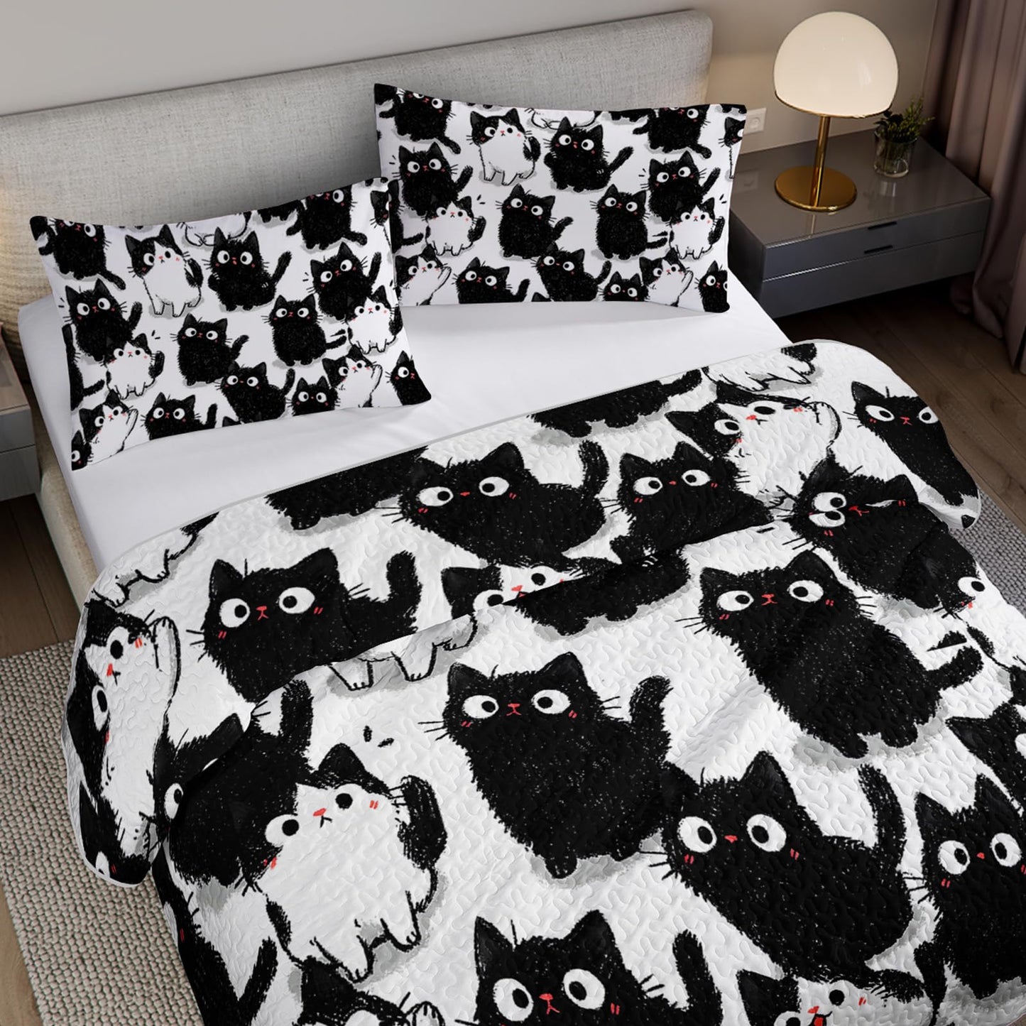 AILONEN Full Quilted Comforter Set 3 Piece, Playful Feline Animal Bedspread Coverlet with 2 Pillowcases, Soft Monochrome Pet Bedding for Teens Guest Apartment Aesthetic Sketchy Style