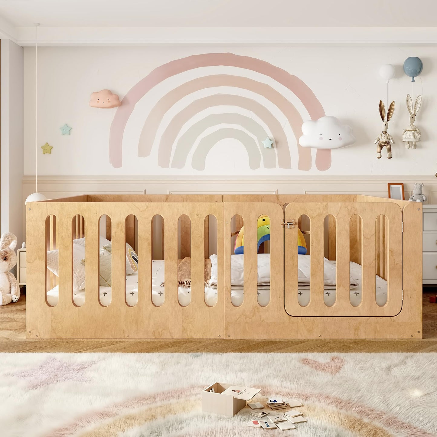 KEIKI Full Size Wood Montessori Floor Bed Frame with Door, for Girls and Boys, Modern Style Low-Profile Design Floor Bed with High Fence, Easy Assembly, No Box Spring Required, for Bedroom, Natural