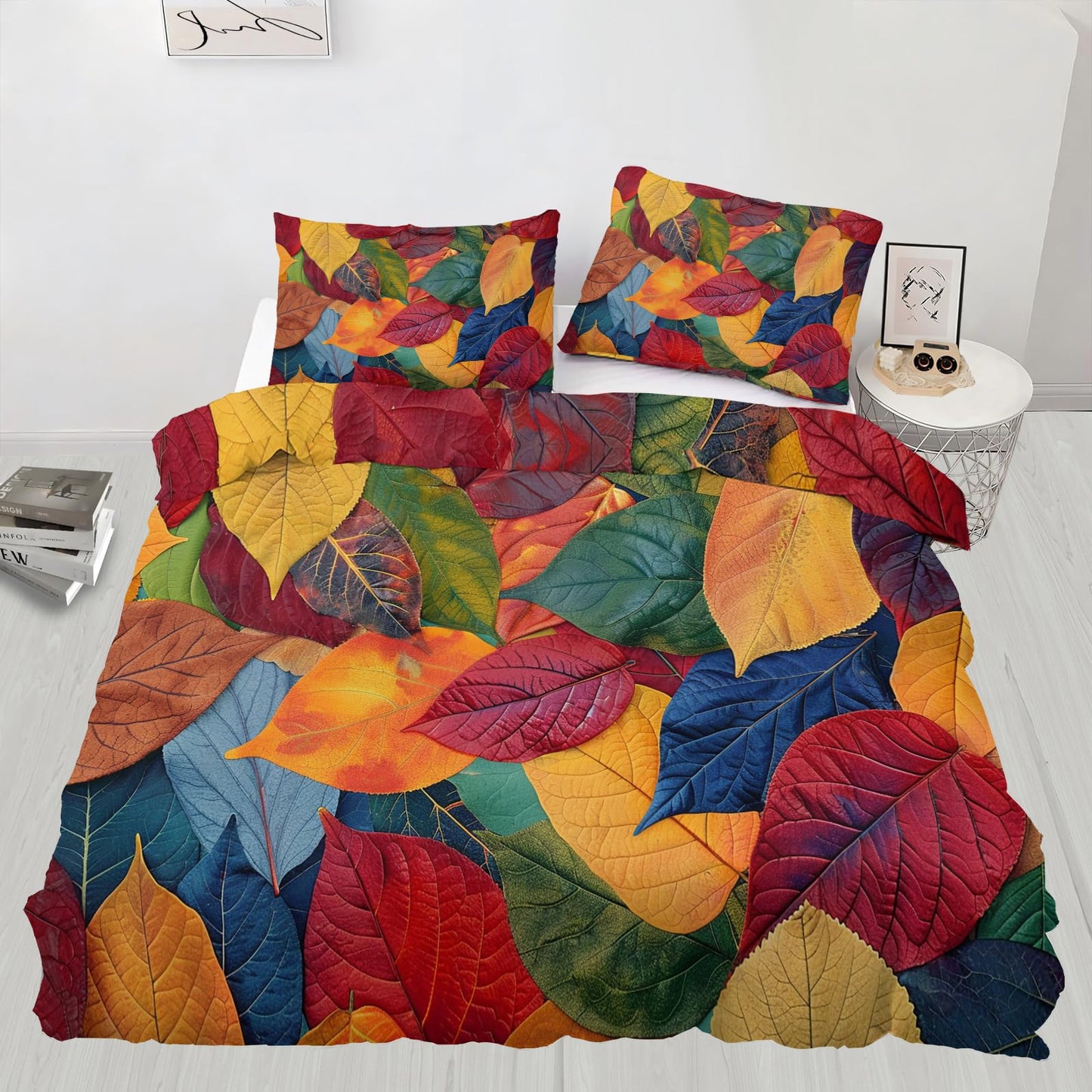 ZAMODE Autumn Leaf Duvet Cover Oversized King Size, Multicolor Fallen Leaves Comforter Cover 120" x 98", Fall Leaves Bedding Set with 2 Pillowcases