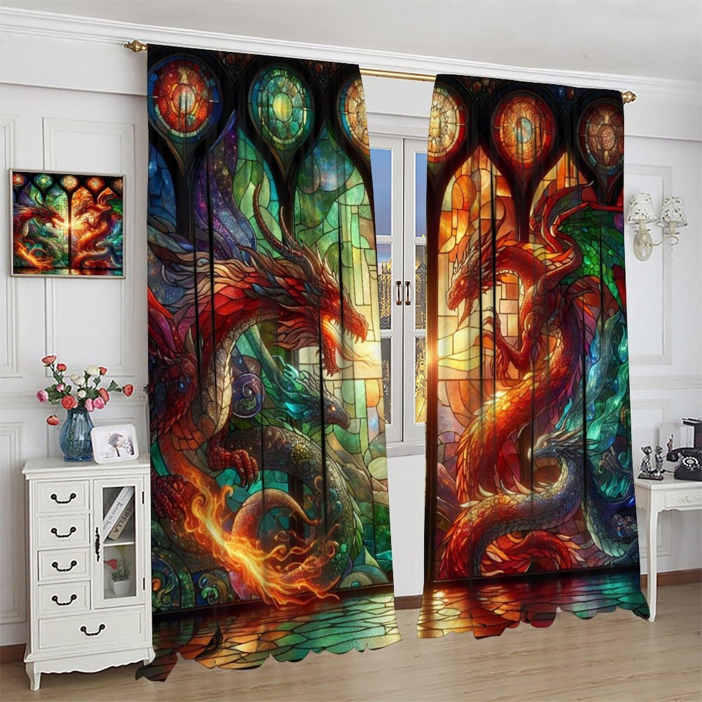 FengMingRui Western Dragon Kids Window Curtains, Stained Glass Green Red Dragon Natural Window Treatments for Boys Girls Bedroom Game Room Window Drapes 42" W X 45" L