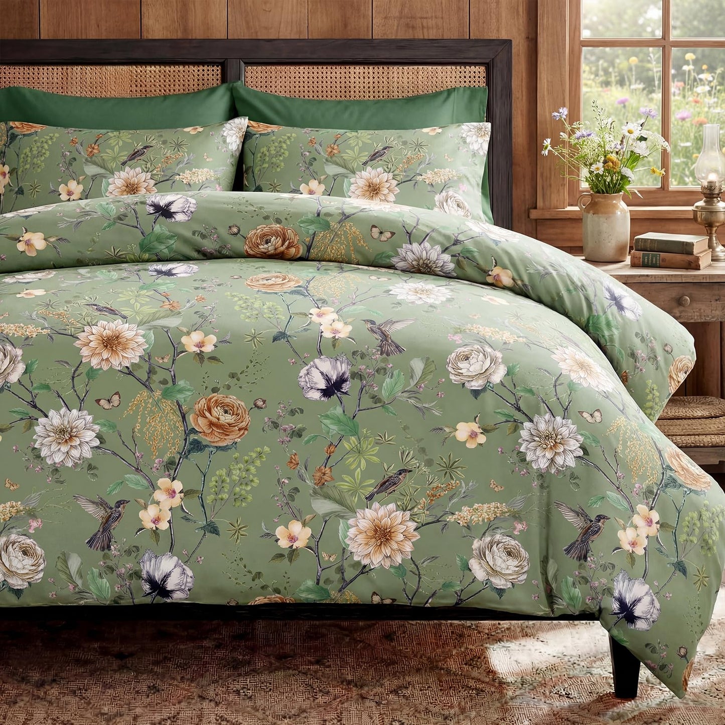 Bedorm 100% Cotton Floral Duvet Cover Queen Size - Green Floral Flower Print 3 Piece Bedding Set with Zipper Closure, Soft and Breathable, Includes 1 Duvet Cover and 2 Pillowcases