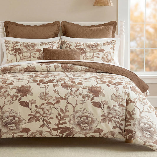 Bedorm Vintage Floral Duvet Cover King 100% Cotton Bedding Set Brown Floral Leaf Botanical Print 3 Pcs Soft & Breathable Duvet Cover Set with Zipper Cornet and Corner Ties