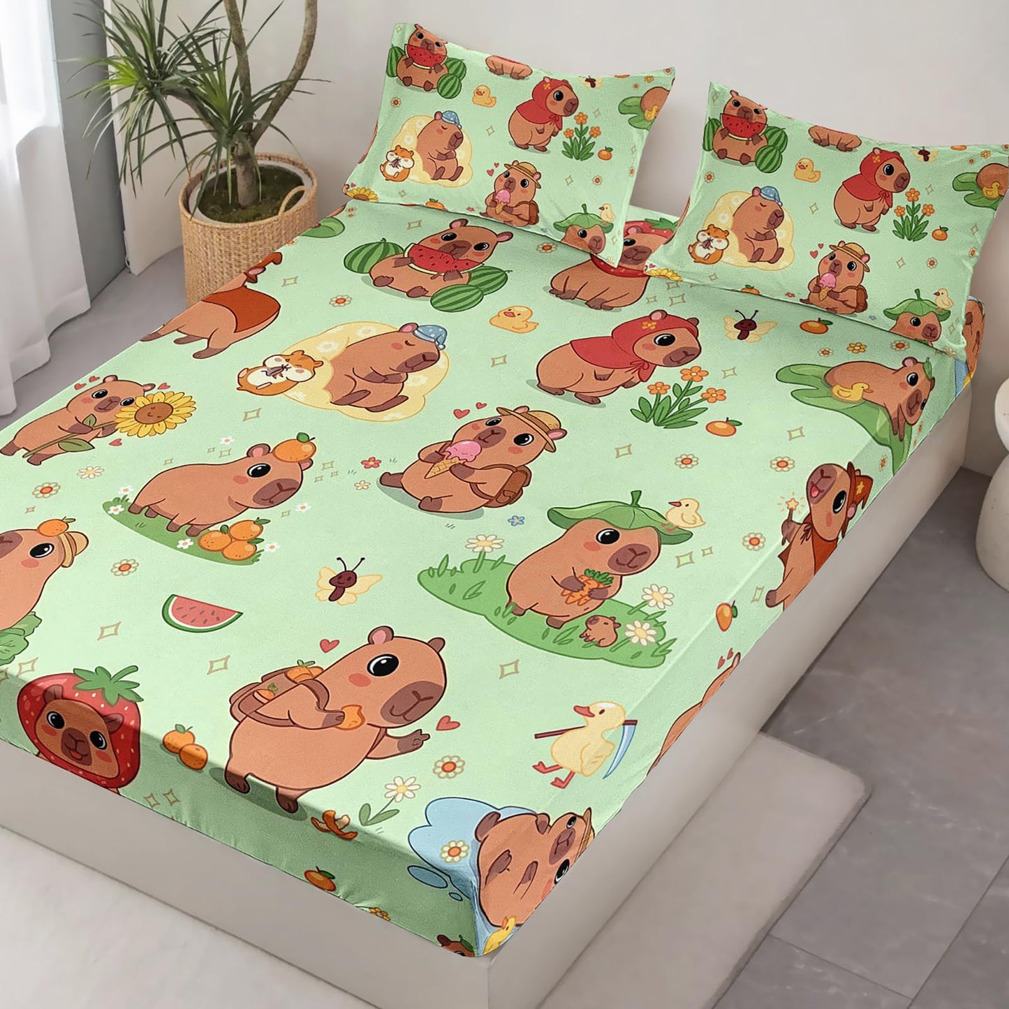 AILONEN Kawaii Capybara Fitted Sheet Set Twin Size, Boys Girls Cartoon Cute Capybara Bedding Set for Kids Teens,Grass Green Bed Sheet Set,1 Fitted Sheet + 2 Pillowcases,3 Piece