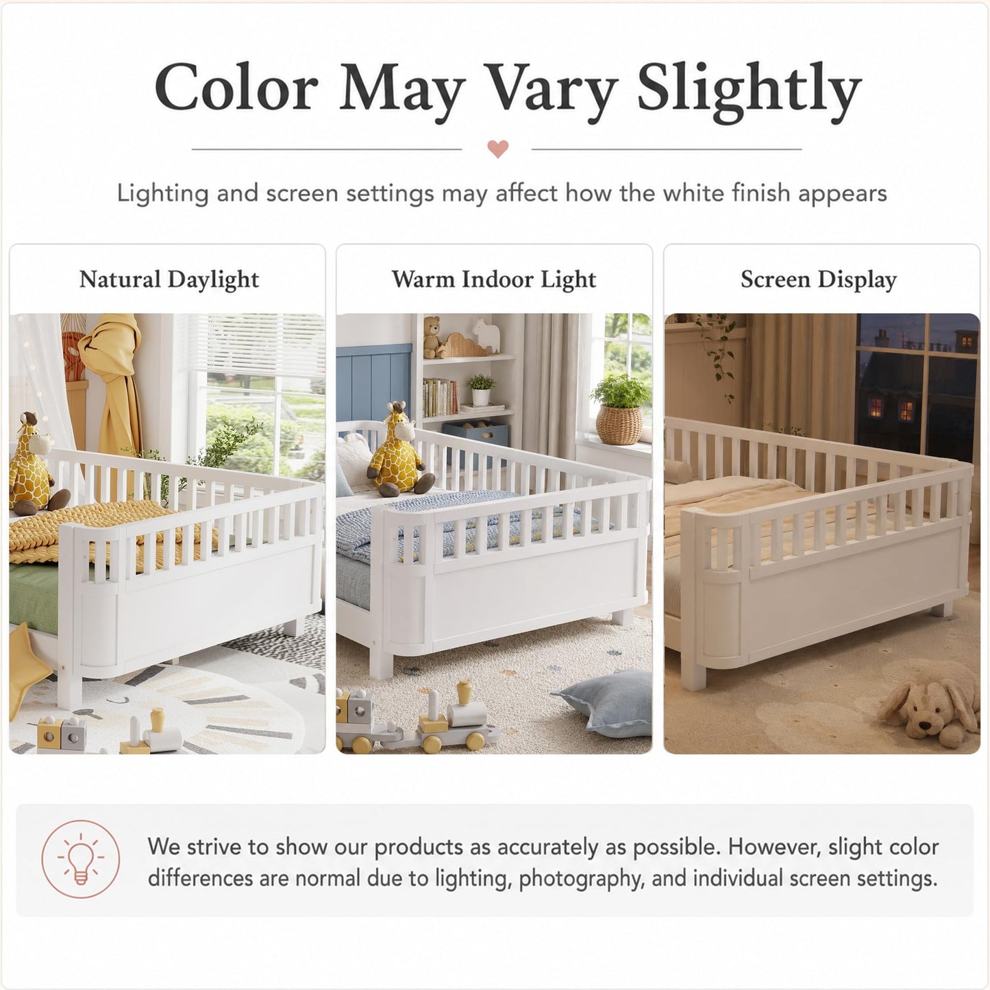 OYUMOENTS Full Size Kids Bed Frame, Low Profile Montessori Bed Full with Rails, Wood Daybed for Girls & Boys, No Spring Box Required, No Squeaks, White