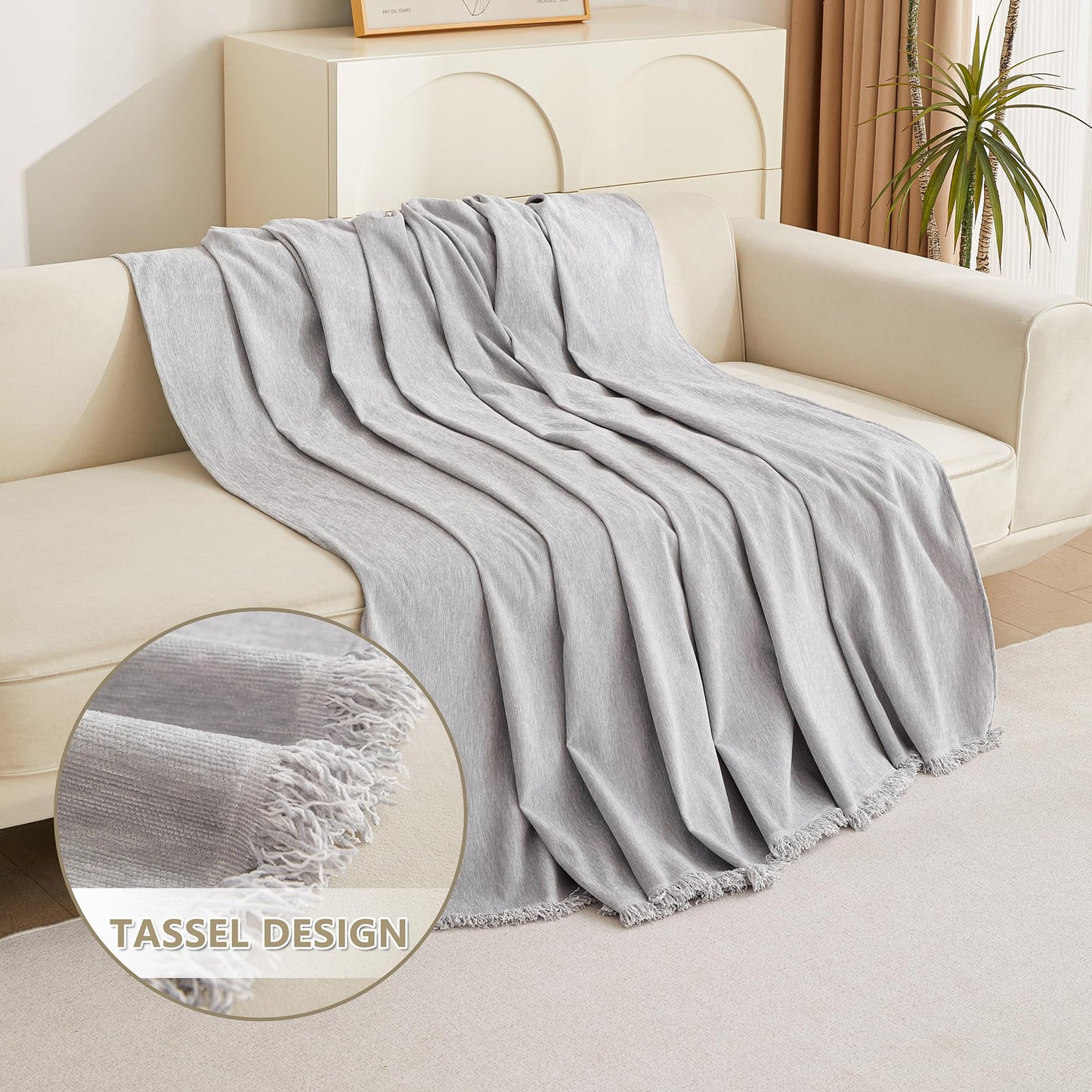MYSKY HOME Oversized Armchair Cover for 1 Cushion, Washable Sofa Protector, Chenille Couch Covers with Tassel, Sofa Throw, Pet & Kid Friendly, 71"X91", Light Grey