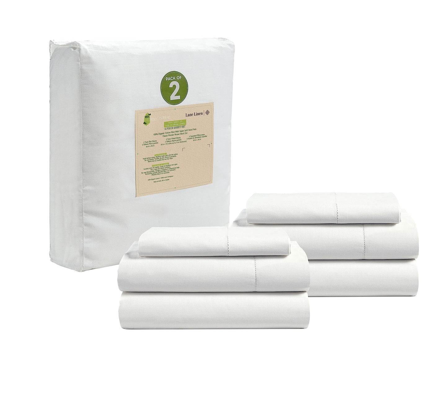 LANE LINEN 100% Organic Cotton Twin Sheets Set, 6Pc Twin Bed Sheets, Breathable Cotton Sheets Twin Size Bed Set, Dorm Room Essentials with 15" Deep Pocket Fitted Sheet - White Twin Sheets (2 Pack)