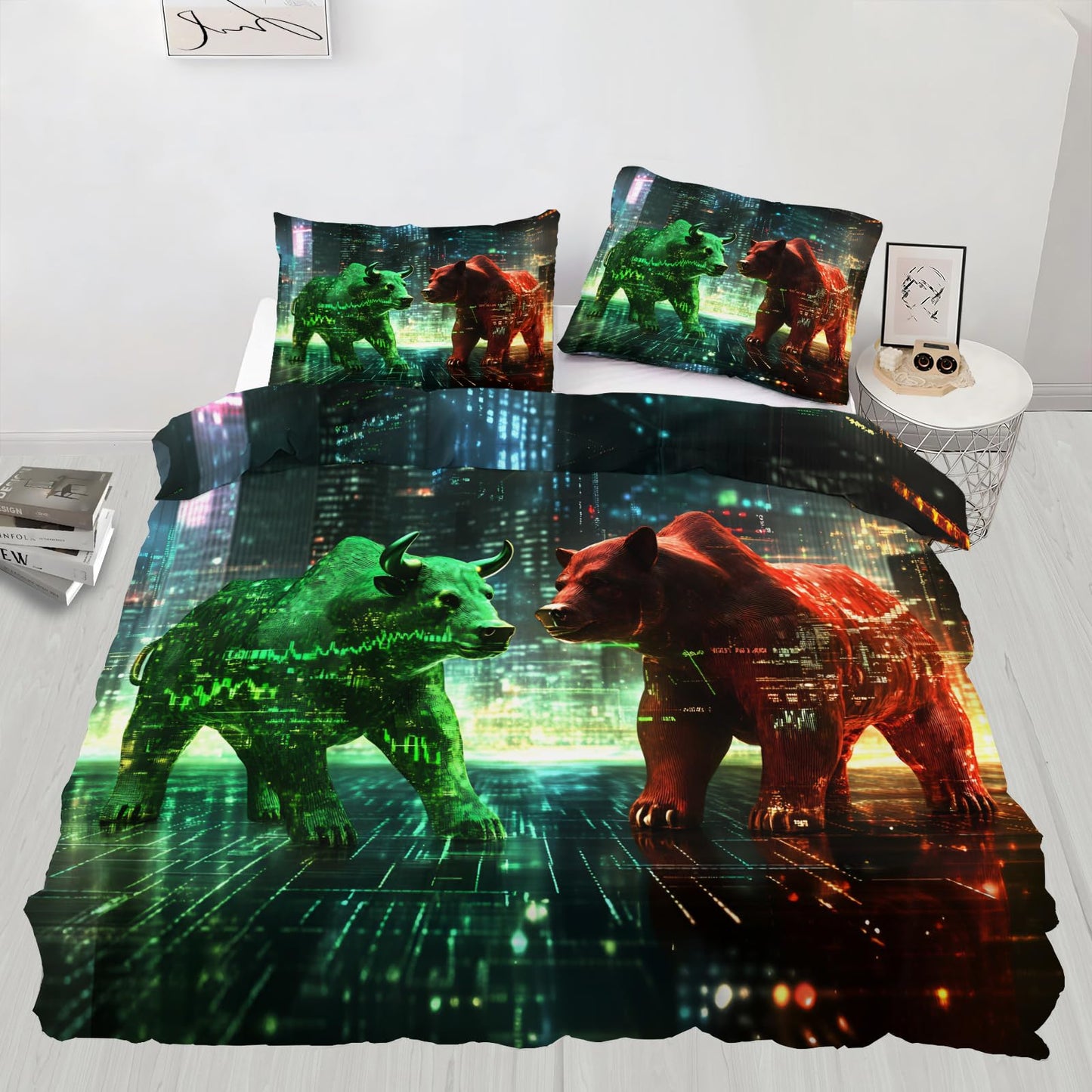 GKPLY Bear Print Bedding Sets King, Red and Green Duvet Cover & Bedroom Decor, Digital Artwork Comforter, Zipper Closure, 2 Pillow Cases, Reversible Print, Technology Bedding Duvet Cover Set