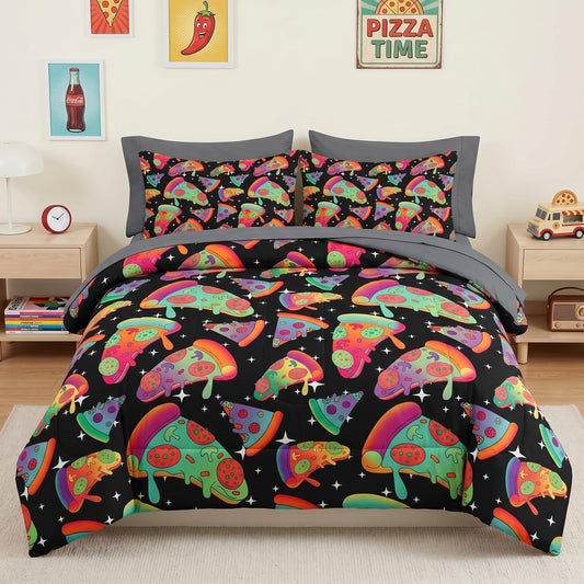 Nesker 7 Pcs Comforter Set Queen Size, Space Pizza 80S Bedding Set for Kids and Adults, Retro Cool Colorful Neon Sheets Bed Sheet Sets with Fitted Sheet 2 Pillowcases & 2 Shams