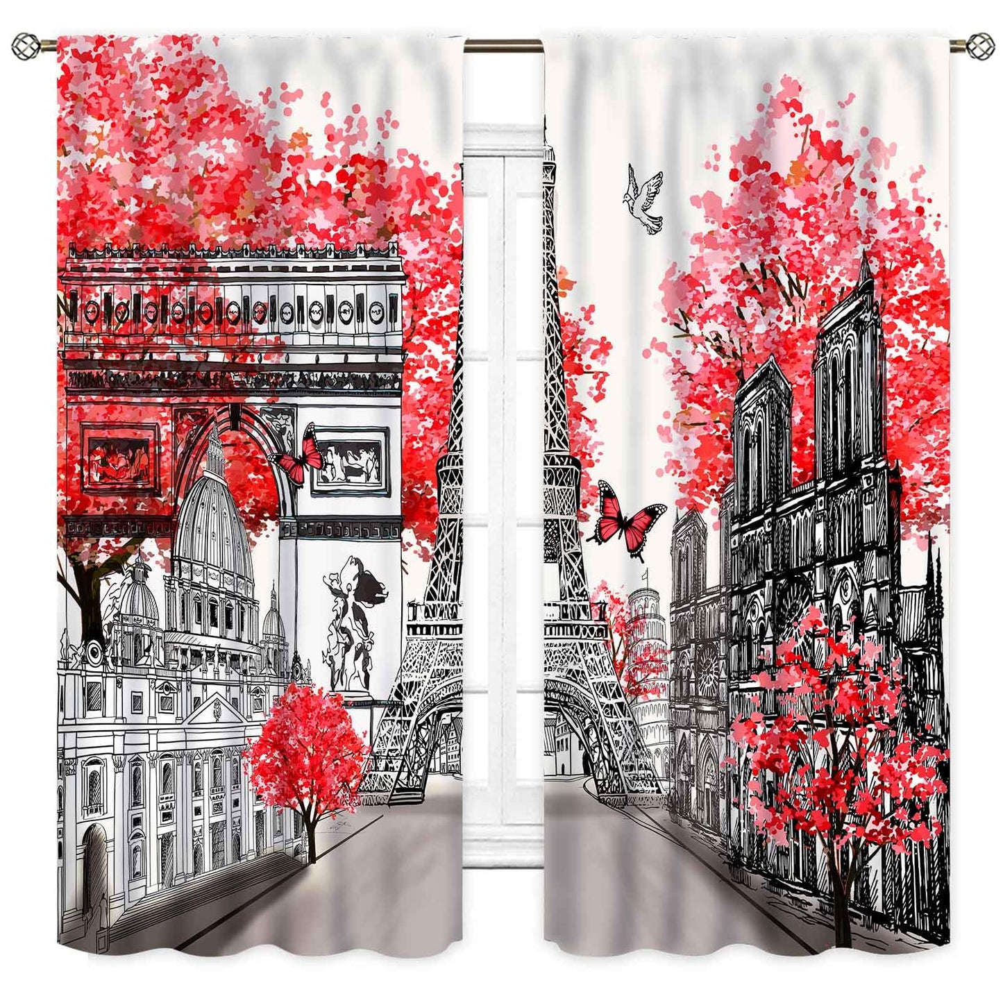 Paris Eiffel Tower Curtains, European City Scenery Landscape Landmark Famous Cityscape Romantic Modern Red Girls Woman Window Drapery for Bedroom Living Room Kitchen Bathroom 2 Panels, 42"x45" Inch