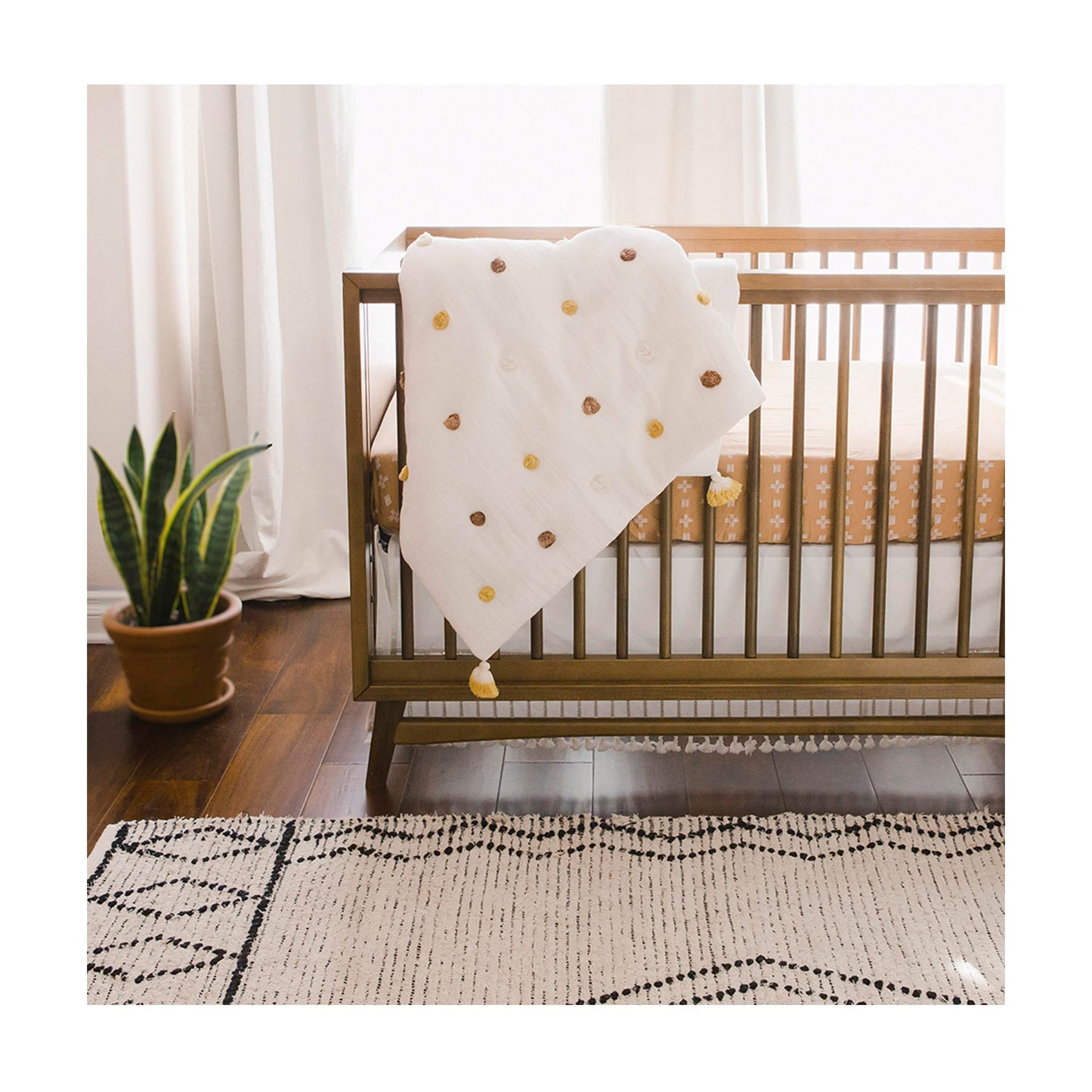 Crane Baby Blanket, 36” x 36”, Soft Cotton Pom Pom Nursery Blanket for Boys and Girls, Cream