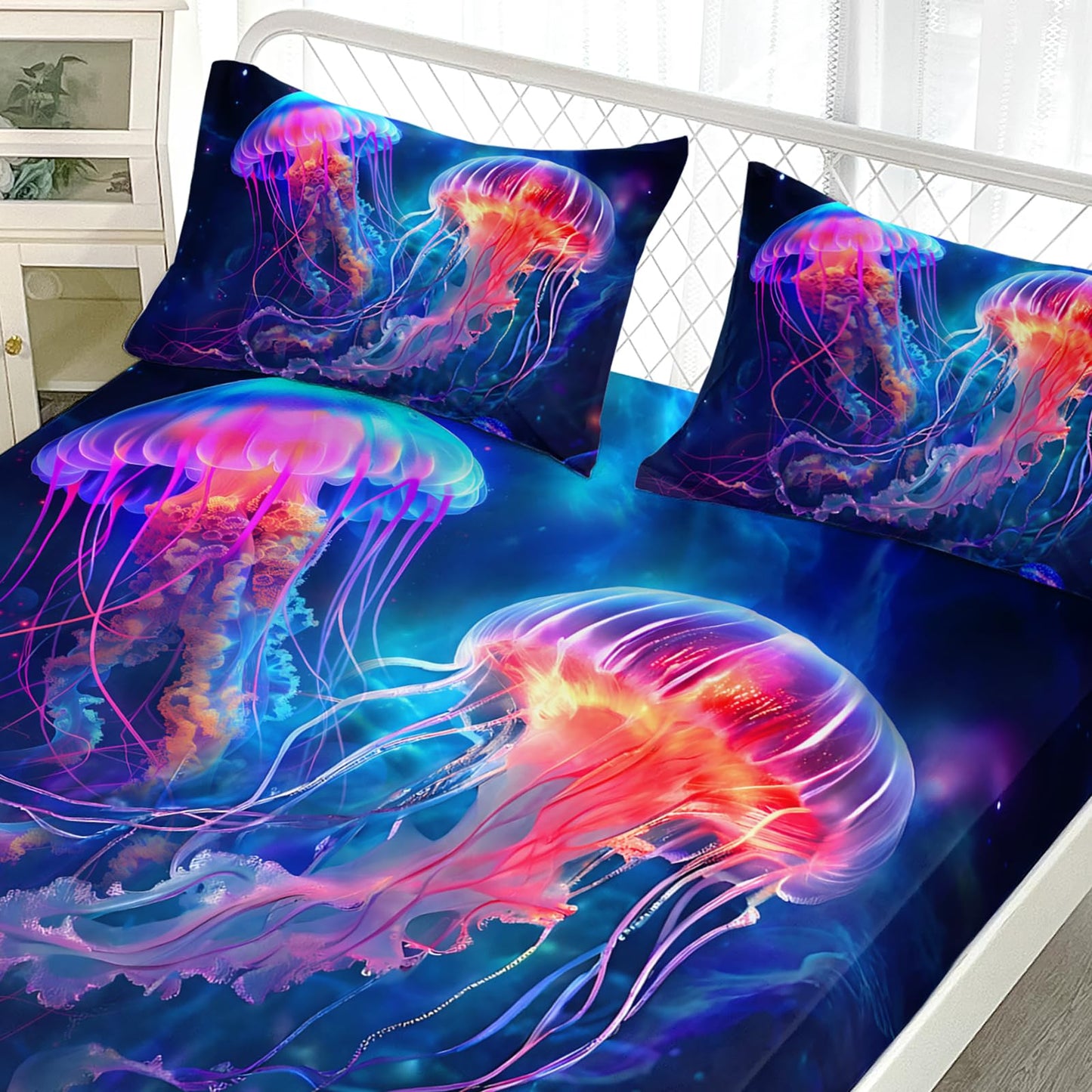 AILONEN Fantasy Jellyfish Bed Sheets Set 3 Pieces Twin Size,Blue Ocean Beautiful Jellyfish Fitted Sheet Set for Teen Boys Girls,Galaxy Sea Theme Bedding Sets for Bedroom Decor with 2 Pillowcases