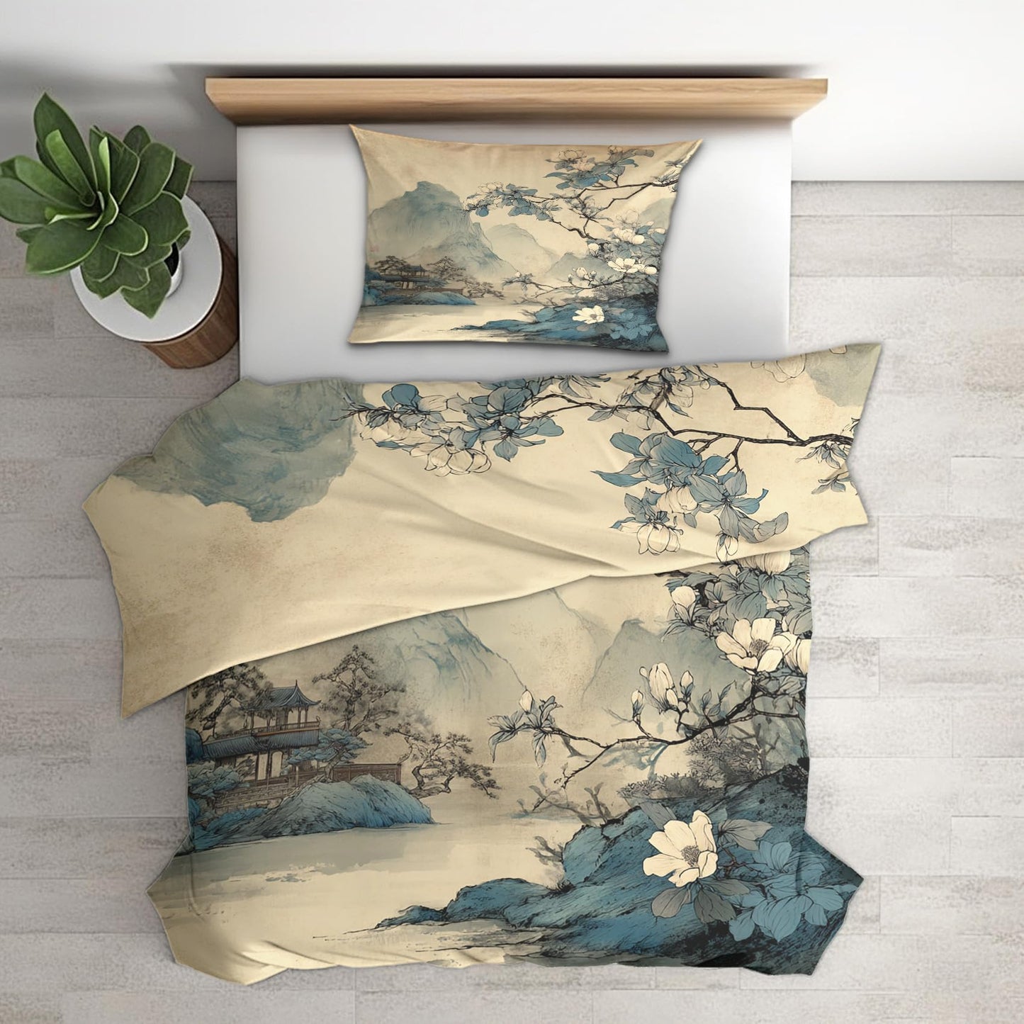 zcwl Asian Landscape Duvet Cover Oversized King Size | Blue Floral Mountain Bedding Set | 3 Piece | Soft Microfiber Patterned Comforter Cover with Zipper Ties & 2 Pillowcases | Oriental Bedroom Decor