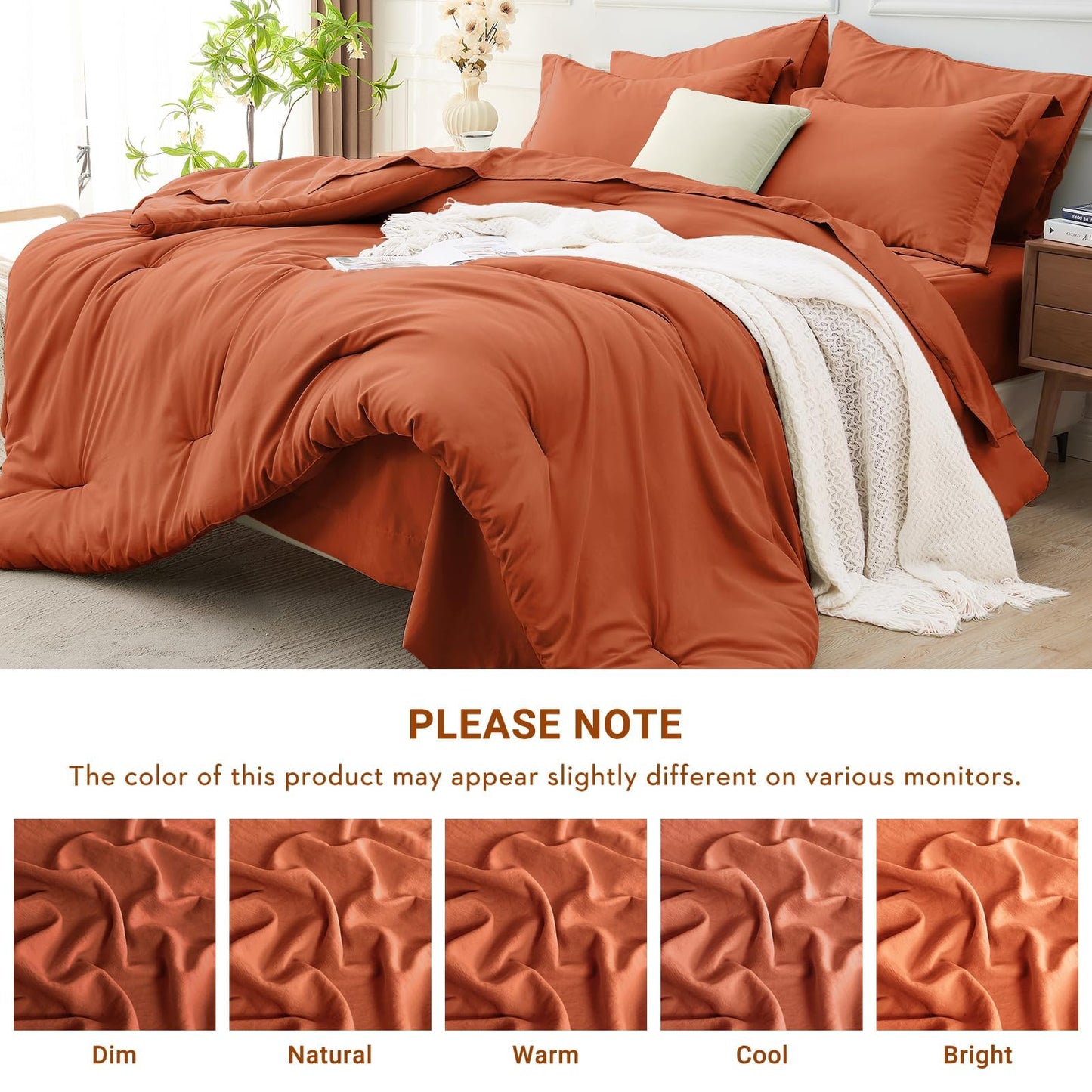 MUXHOMO 7 Pieces King Comforter Set, Soft Bed in a Bag King Size, All Season Bedding Set with Comforter, Flat Sheet, Fitted Sheet, Pillowcases & Shams, Burnt Orange