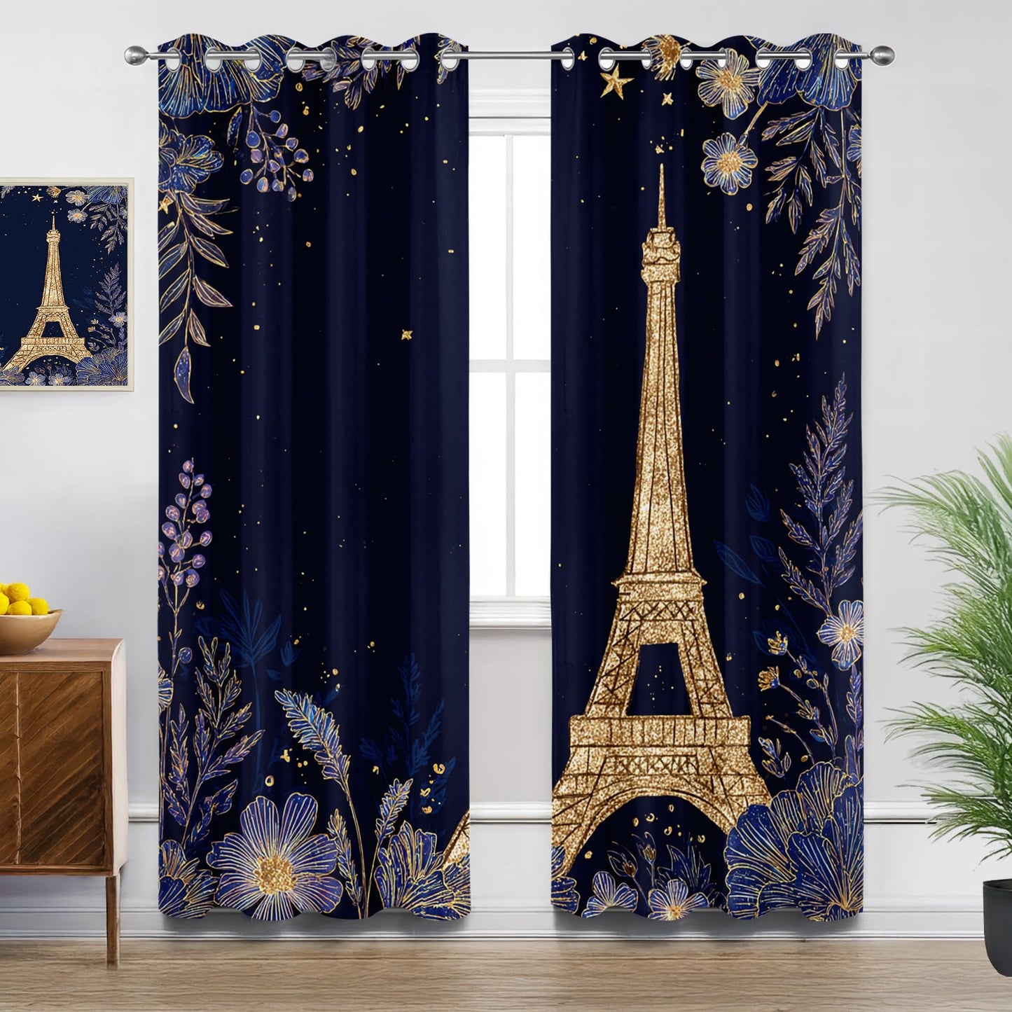 Solvivae Eiffel Tower Curtains 63 Inch Length, Paris Eiffel Tower Floral Blackout Curtains for Bedroom Living Room, Room Darkening Thermal Insulated Grommet Drapes, Patterned Window Treatments