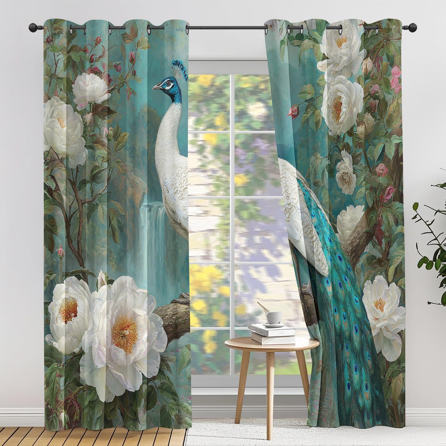 Peacock Curtains, Asian Style Blackout Curtains for Living Room Bedroom, Thermal Insulated Grommet Floral Waterfall Drapes 96 Inch Length Window Treatments, 52Wx96L, 2 Panels