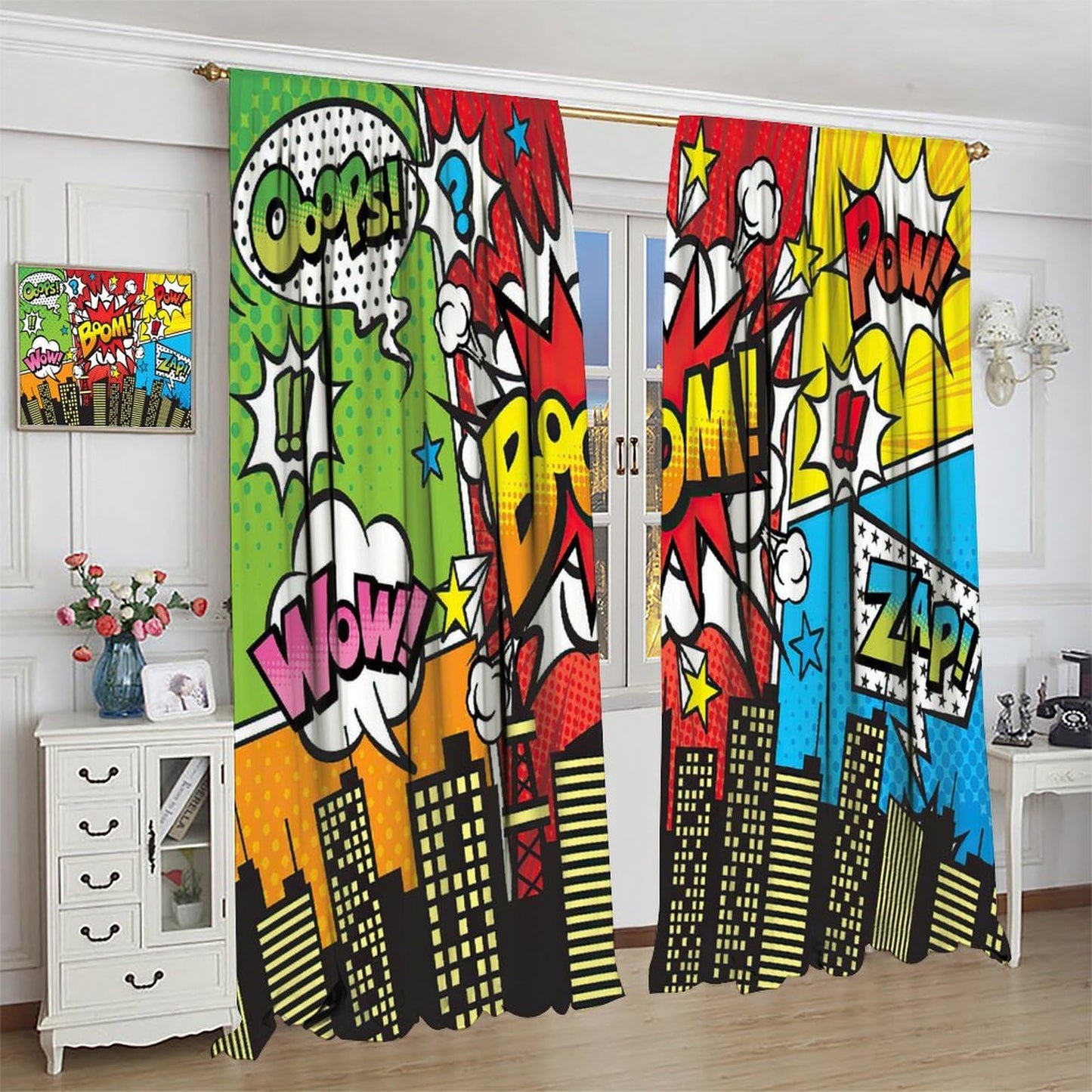 Nanacur Super City Hero Decor Curtains, City Skyline Buildings Cityscape Pattern Printed Window Drapes, for Kid Teens Girls Boys Young Man Living Room Bedroom 21(W)*45(L) 2 Panels (Decorative)