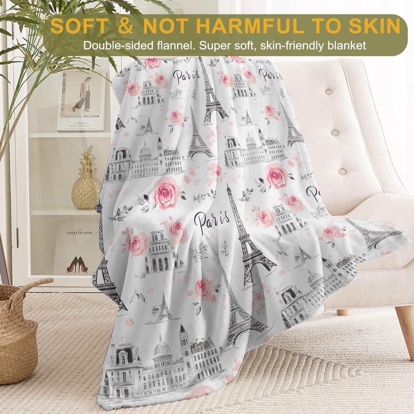 ainori Paris Romance Flannel Blanket - Parisian Eiffel Tower and French Architecture with Pink Rose Throw - Soft Cozy Gifts Blankets for Travel Lovers,Kids,Women,Romantic Room Decor 50x60in