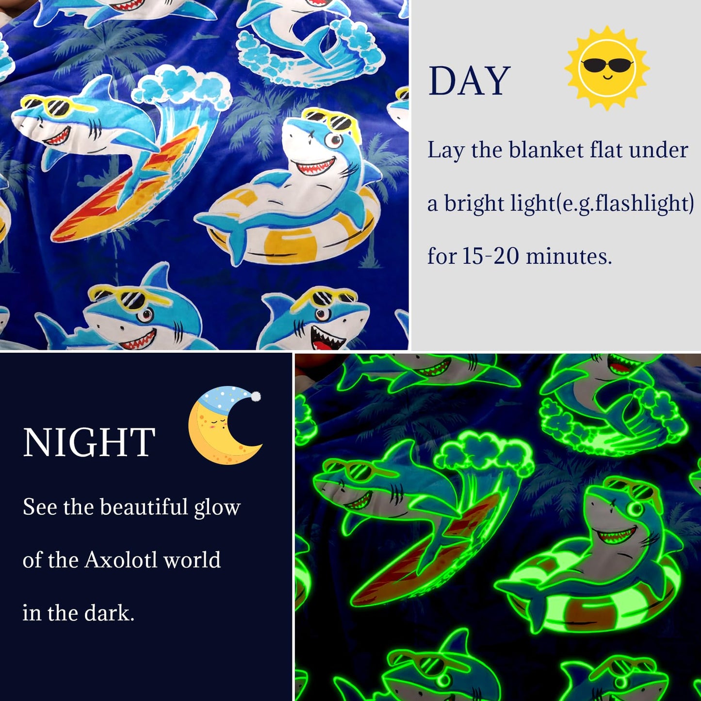 Glow in The Dark Shark Blanket for Kids, Shark Toys for Toddlers Teens, Soft Cozy Flannel Fleece Throw Fish Blanket for Couch Bed Sofa, Halloween Christmas Birthday Gifts for Kids Boys Girls 50"x60"