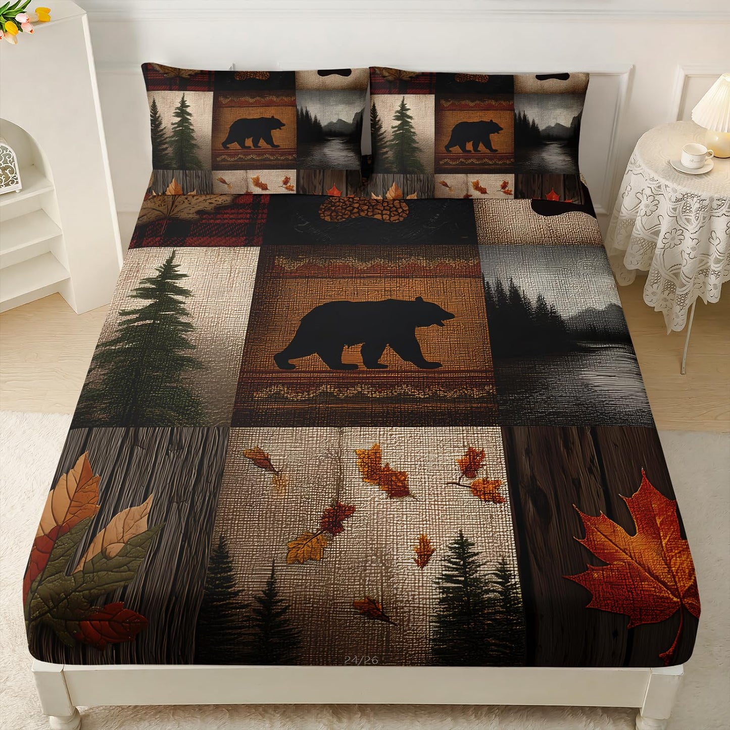 HOSIMA Twin Bedding Sets,Bear Maple Leaf Pine Tree Pattern Forest Rustic Fitted Sheet for Hunting Room Decor,Brown Plaid Patchwork Bedding for Adults Room Decor,1 Fitted Sheet+2 Pillowcases.