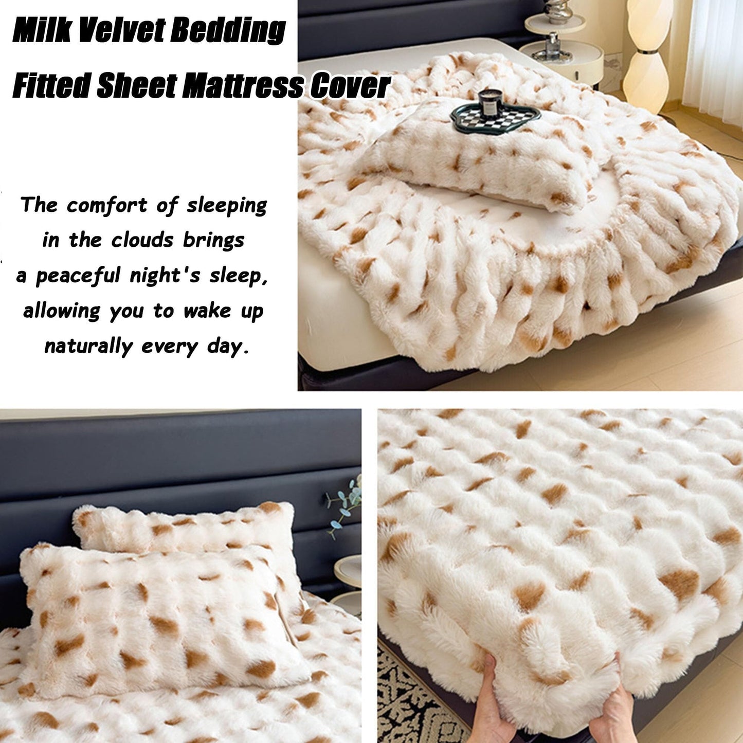 Elastic Bed Sheets, Milk Velvet Fitted Sheet, Winter Warm Mattress Cover, Faux Rabbit Fur Fitted Sheets, Fluffy Mattress Protector Bedspread, Machine Washable and Non-Fade(F,2 Pillowcases)