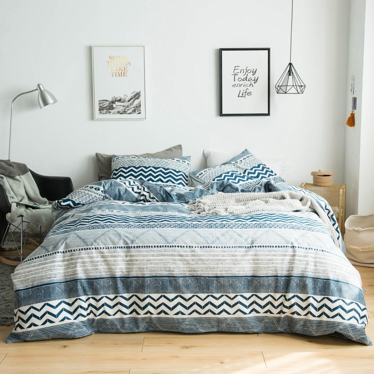 SUSYBAO Blue White Boho Duvet Cover Queen 100% Cotton Teal Bohemian Duvet Cover 3 Pieces Set 1 Vintage Aztec Patterned Duvet Cover with Zipper Ties 2 Pillowcases Soft Striped Bedding Set