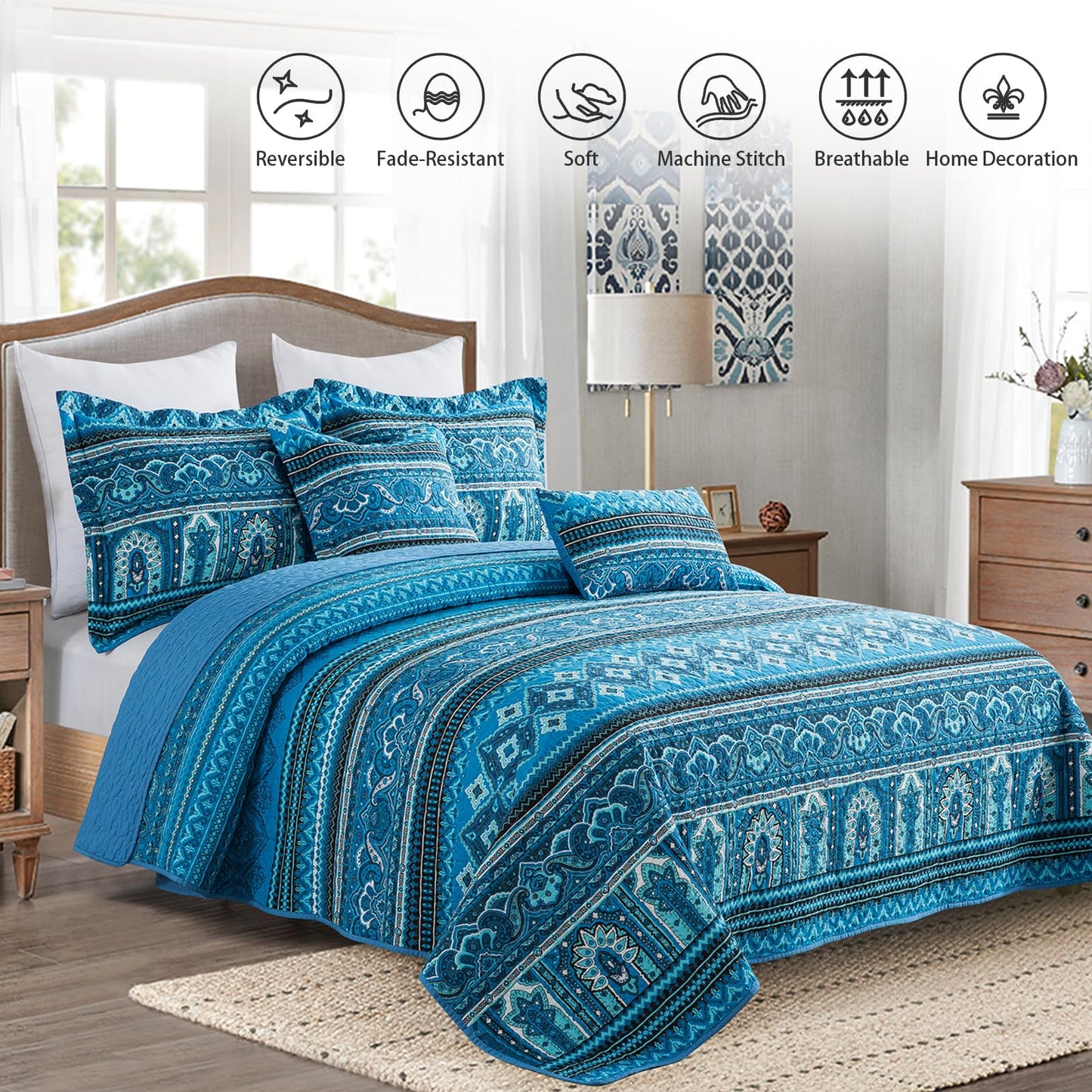 TWINRUN Cotton Quilts Queen Size, 3 Pieces Queen Quilt Bedding Set (90 x 98 Inch), Lightweight Boho Quilts Queen Size for Bed, Blue Stripes Bedspreads for All Seasons, Machine Wash