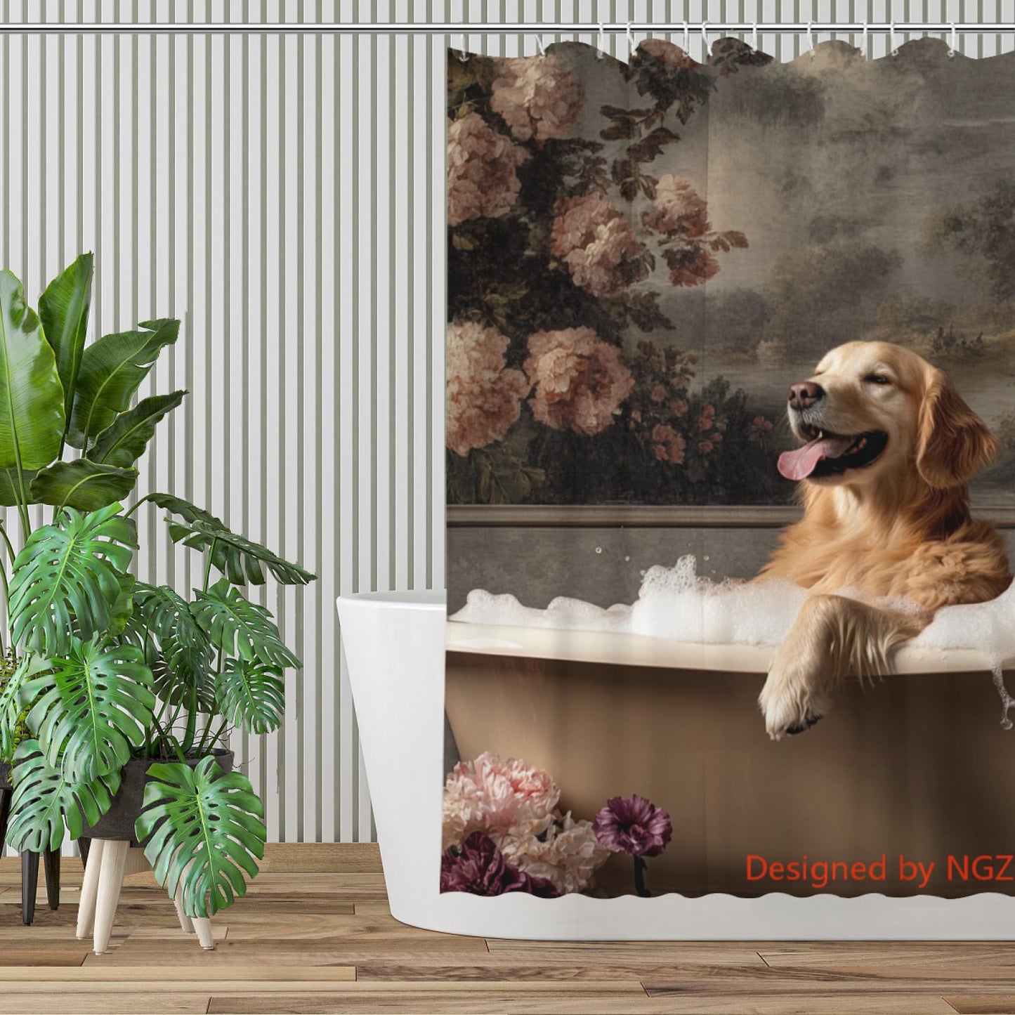 NGZ Funny Golden Retriever Shower Curtain, SPA Golden Retriever with Wine, Grey Shower Curtain, 72x72 Inches Floral Shower Curtains for Bathroom, Bath Curtains Set with 12 Hooks