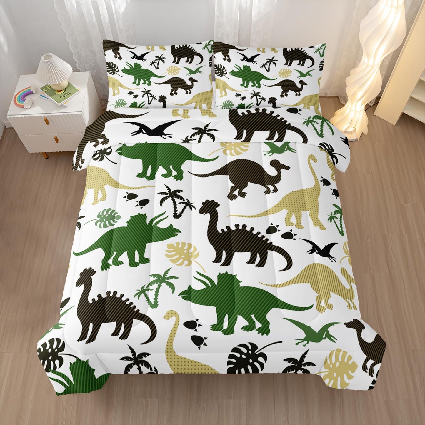 Nttopship Cartoon Dinosaur Comforter Set Twin Size 3 PCS,Green Dinosaur Printed Quilt Set for Bedroom Soft Microfiber All Season Print Quilt Set with 1 Comforter and 2 Pillow Case