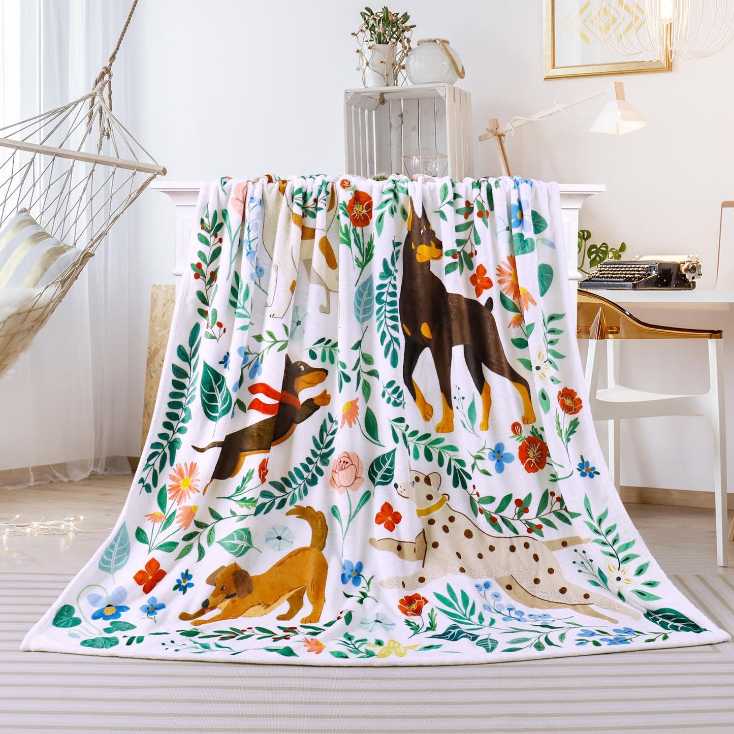 Dog Blanket Ultra Soft Floral Throw Blankets Gifts for Dog Lover Blanket Flower Leaves Flannel Fleece Throw Lightweight Warm Cozy Fuzzy Plus Cabin Blanket for Bed Sofa, 50" X 60"