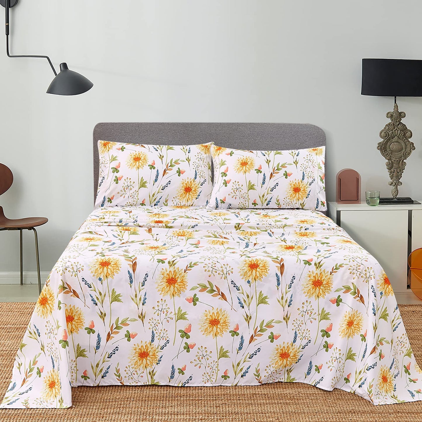 JSD Yellow Floral Printed Sheet Set Queen Size, 4 Piece Soft Botanical Microfiber Bedding Sheets Extra Deep Pocket