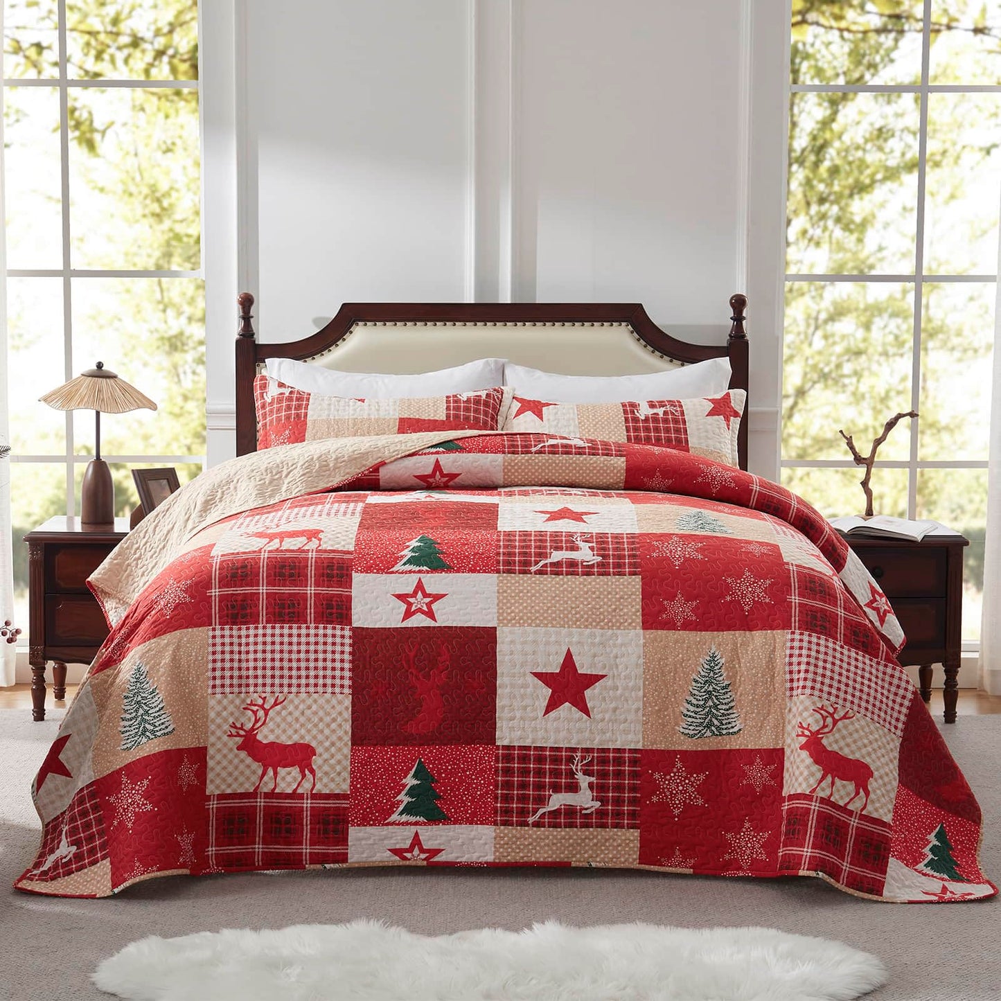 LEAONME Christmas Quilt Set 3-Piece King Size Bedspread Coverlet 98''x106'' Lightweight Patchwork Oversized Bedding Set with 2 Pillow Shams for All Seasons