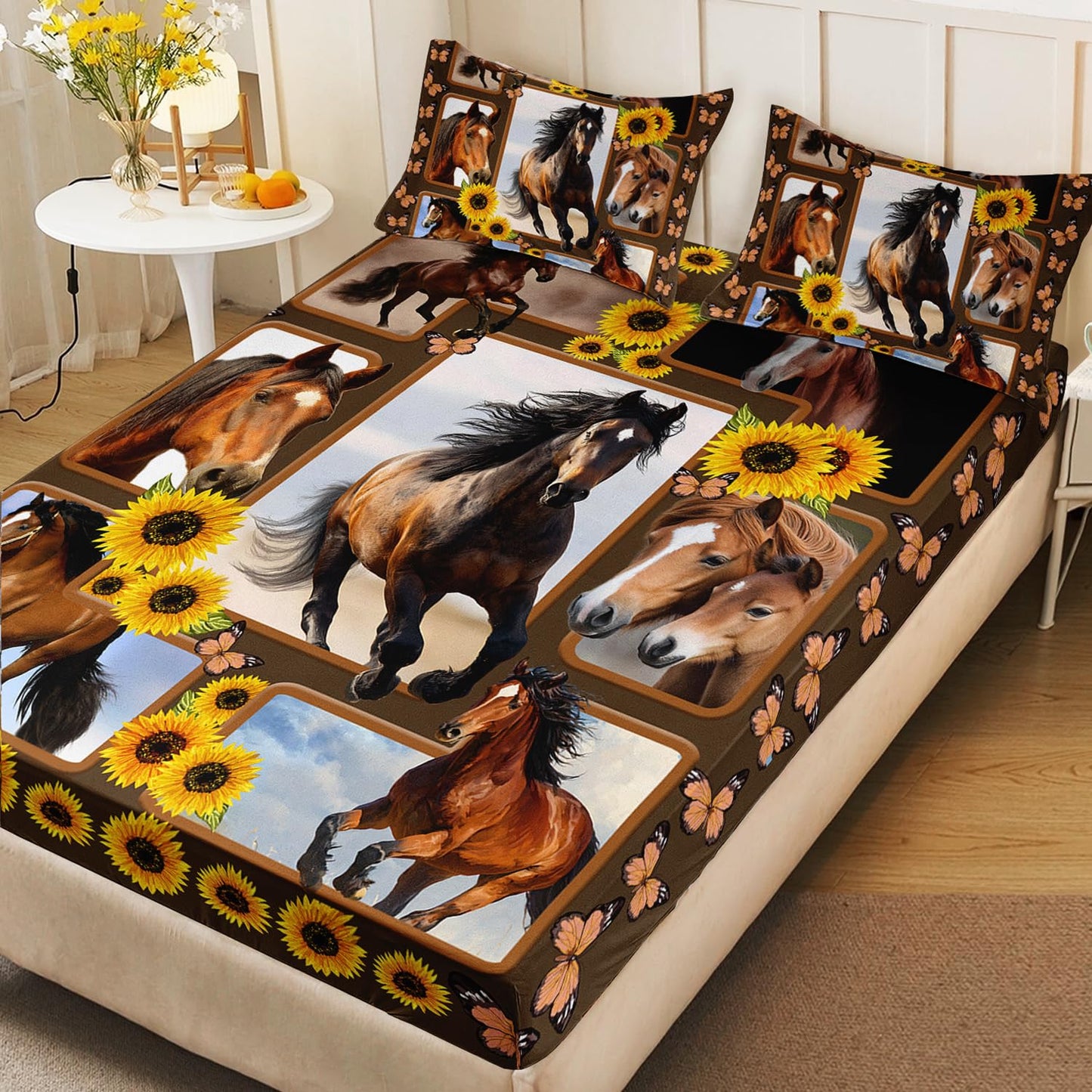 HOSIMA Horse Fitted Sheet&Pillowcases,Animal Themed Galloping Horse and Sunflower Floral Bedding,3D Printed Soft Decorative Fabric Bedding Deep Pocket,Teens Kids and Toddler Bedding Set,Twin Size.