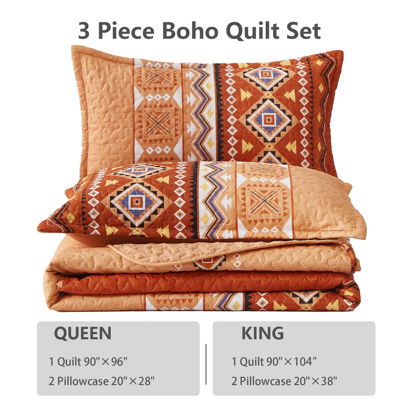 WONGS BEDDING 3 Pieces Quilt Set California King, Burnt Orange/Rust Thanksgiving Quilt Bedspread Bohemian Coverlet Set with 2 Pillowcase, Fall Soft Thanksgiving Bedding Set All Season 106"×96"
