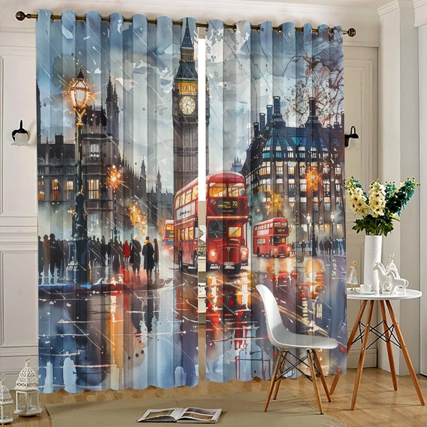 TOWINSFB England London Street Blackout Curtains for Bedroom/Living Room, Famous Cityscape Landmark Grommet Curtains Thermal Insulated Window Drapes, 2 Panels, Each 21W x 45L