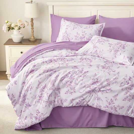 Andency Floral Comforter Set Queen Size, 7 Pieces Purple Flower Lightweight Bedding Set for All Seasons, Soft Vintage Bed in a Bag with Comforter, Sheets, Pillowcases & Shams