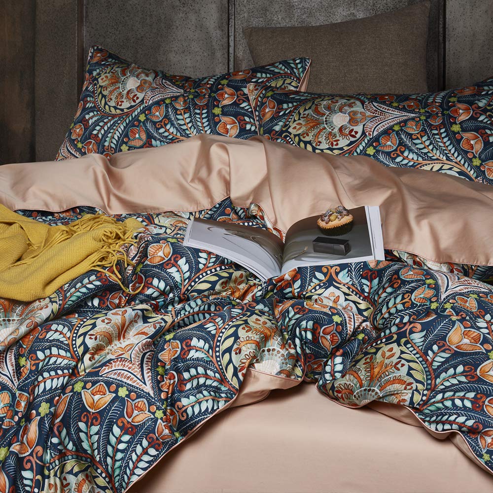VM VOUGEMARKET Boho Duvet Cover Queen,Paisley Flower Printed Long Staple Cotton Duvet Cover with 2 Pillowcases,Retro Damask Medallion Bedding Set-3 Pieces 90"x90"