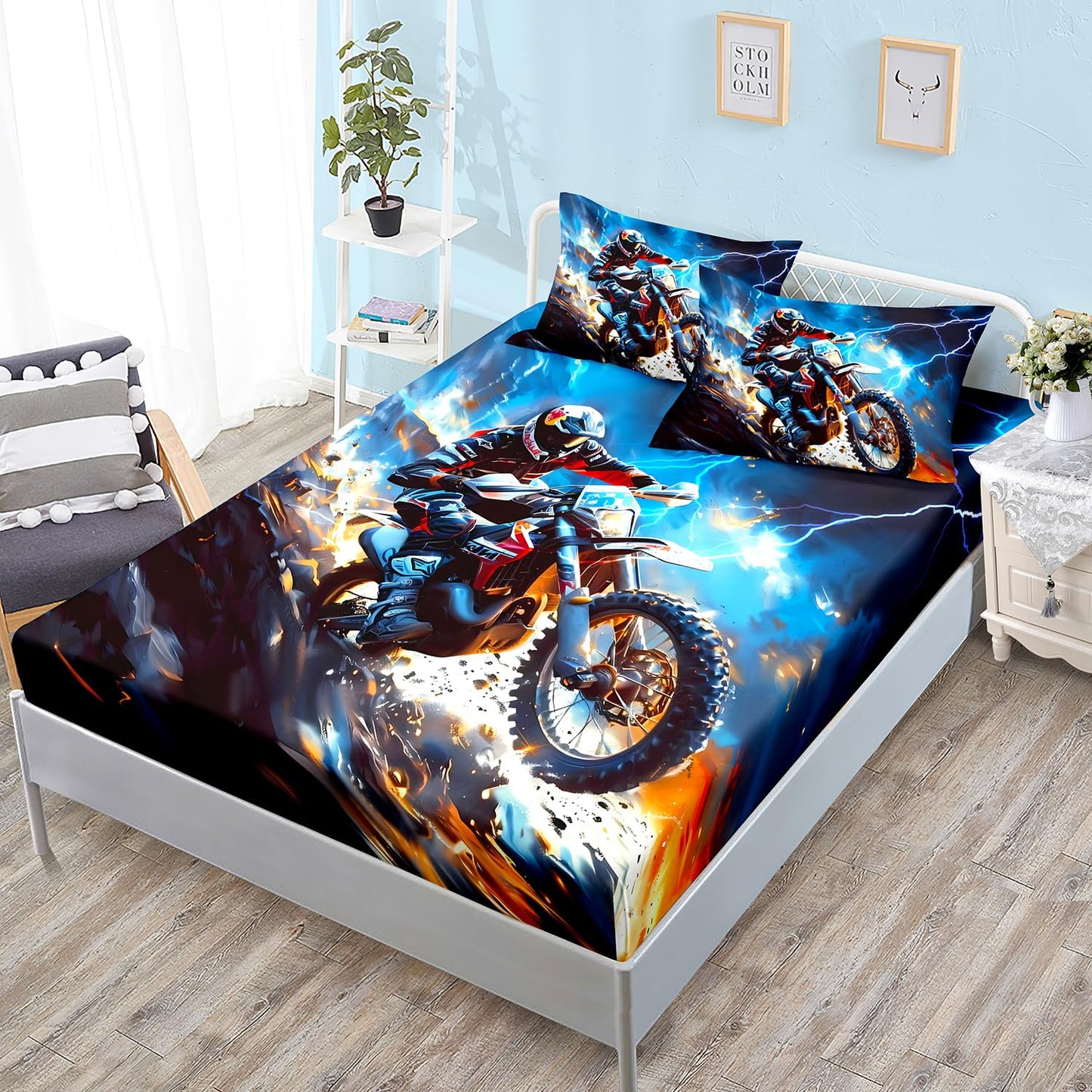 HOSIMA Dirt Bike Twin Bedding Sets for Boys Room Decor,Motocross Rider Print Fitted Sheet,Blue Lightning Pattern Motorbike Extreme Sport Bedding for Kids Teens,1 Fitted Sheet+2 Pillowcases.