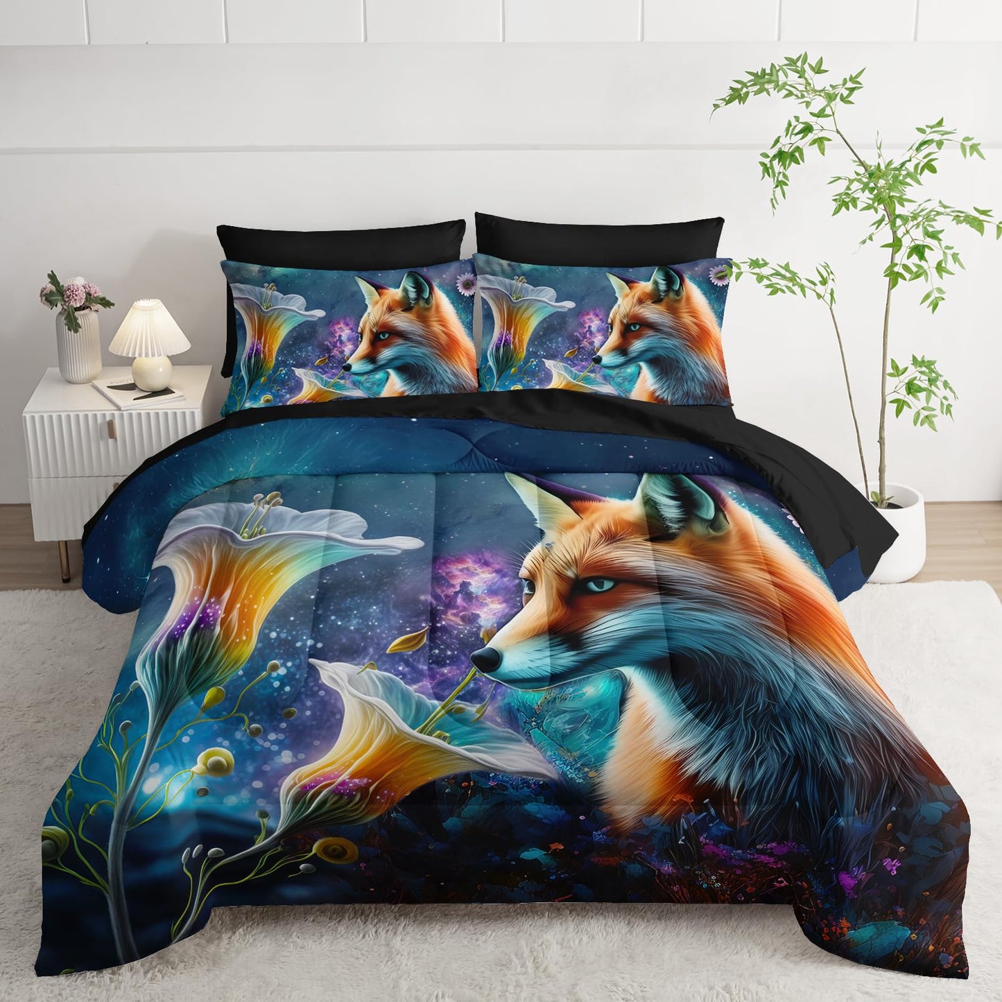AILONEN Cute Fox Comforter Set Full 7-Piece Galaxy Flower Fox Bed in a Bag for Kids Boys,Soft Comforter & Fitted Sheet with Flat Sheet,2 Pillowcases,2 Pillow Shams