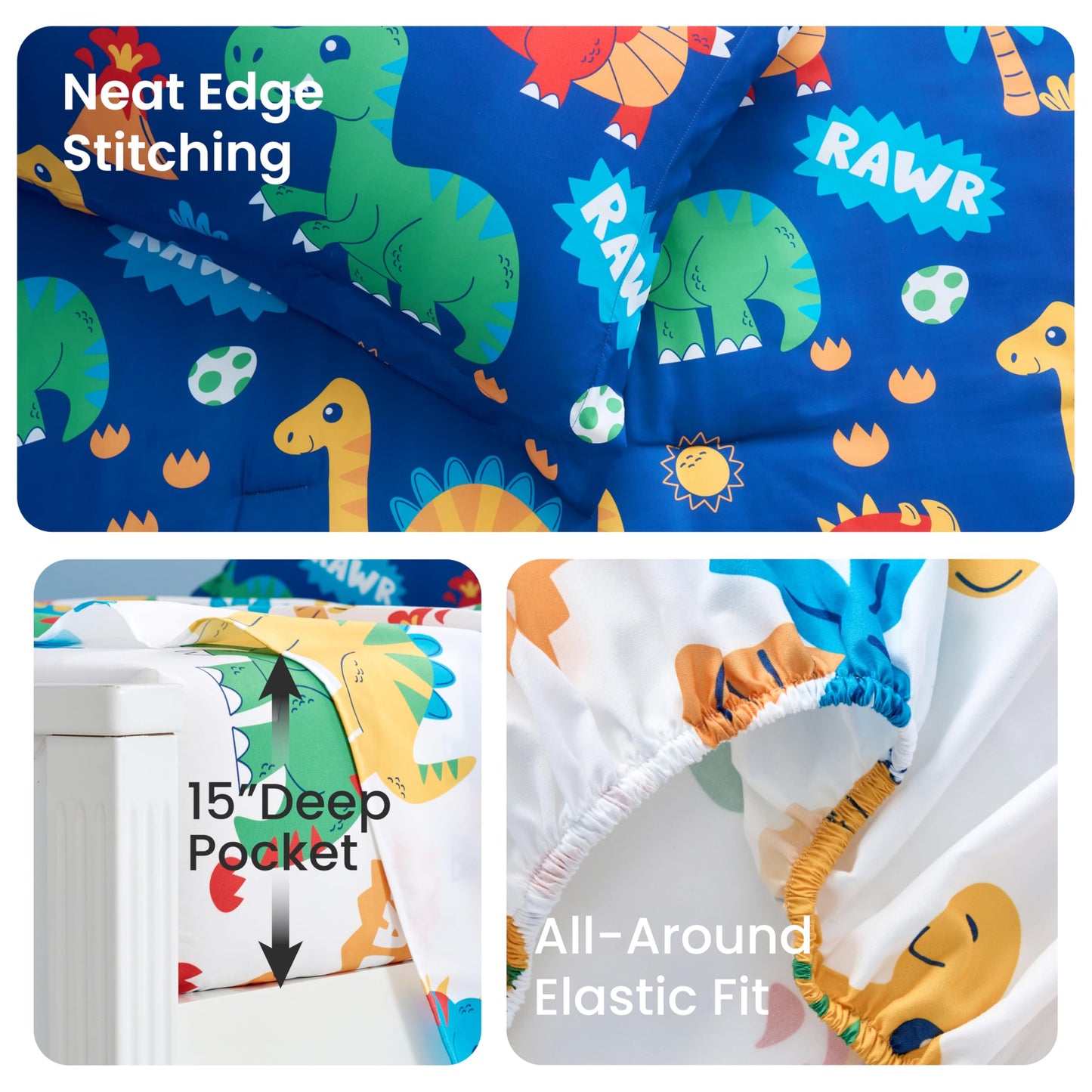 Joiedomi Kids Comforter Set Bedding Set for Boys Girls Super Soft Microfiber Bed in a Bag with Comforter Sheets Pillowcase Sham, Dark Blue Cute Dinosaur, Full