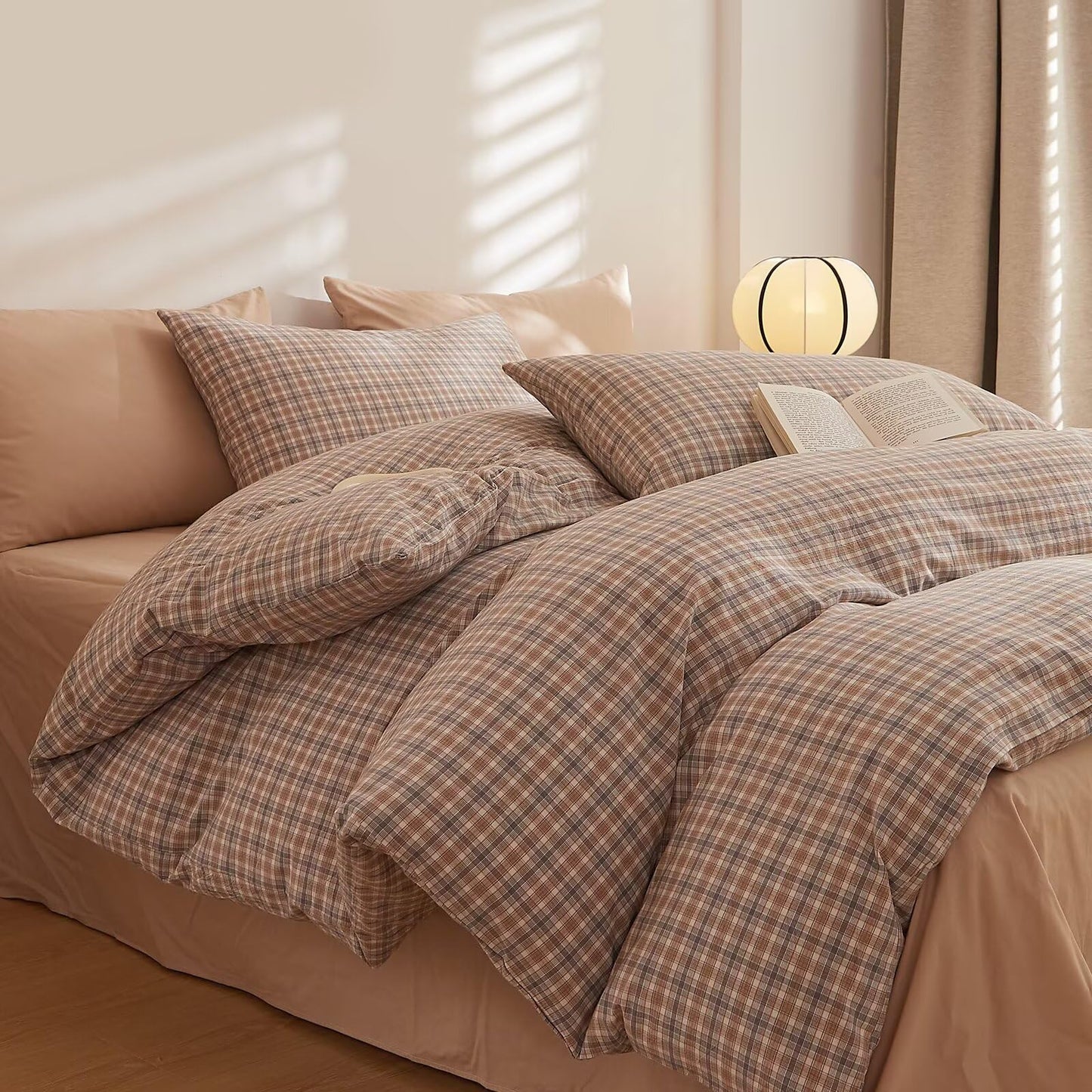 AMZTOP Plaid Queen Size Duvet Cover Set 100 Cotton,1 Duvet Cover and 2 Pillowcases,Soft Comfy Breathable Comforter Covers Bed Set,Washed Cotton Zipper Closure Queen Bedding 90"×90"