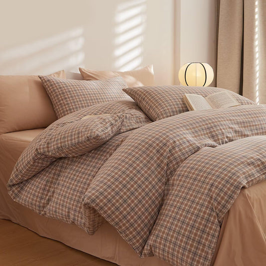 AMZTOP Plaid Queen Size Duvet Cover Set 100 Cotton,1 Duvet Cover and 2 Pillowcases,Soft Comfy Breathable Comforter Covers Bed Set,Washed Cotton Zipper Closure Queen Bedding 90"×90"