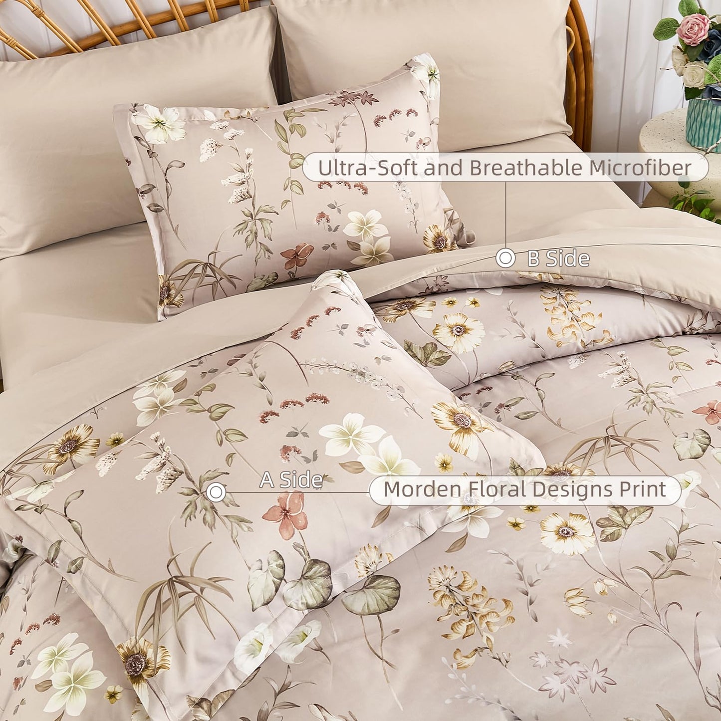 DJY King Size Comforter Set,Taupe Botanical Floral Bedding Comforter Sets King for All Seasons, 7 Pieces King Bed in a Bag Lightweight Microfiber Comforter Set with Sheets Pillowcases & Shams
