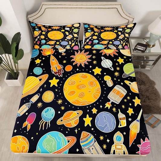 Outer Space Bed Sheet Set Twin, Solar System Fitted Sheet for Kids Planet Solar System Bedding Set Boys Girls Educational Bed Cover Bed Set 2Pcs (No Flat Sheet)